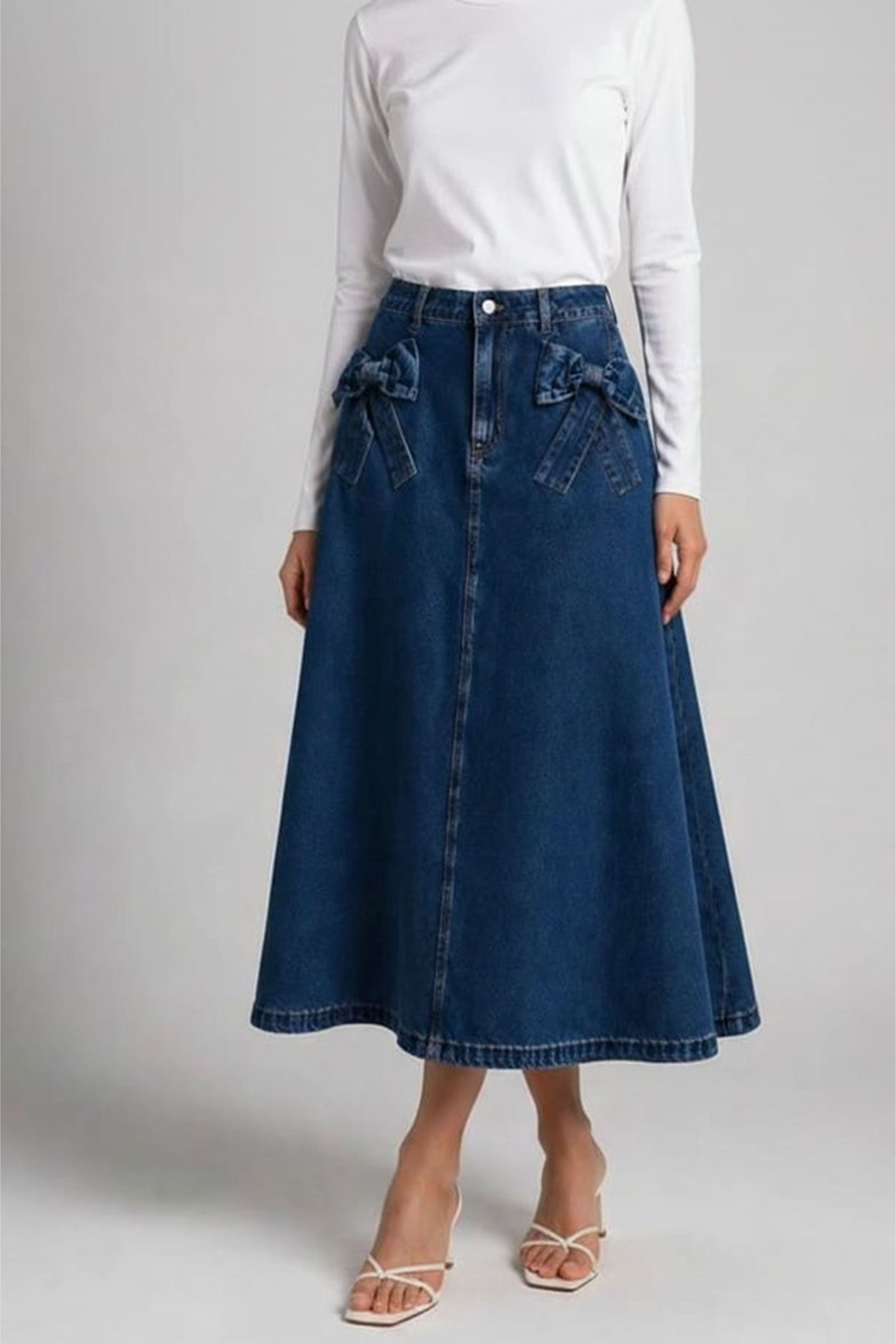 DENIM SKIRT WITH RIBBON DETAIL - BLUE