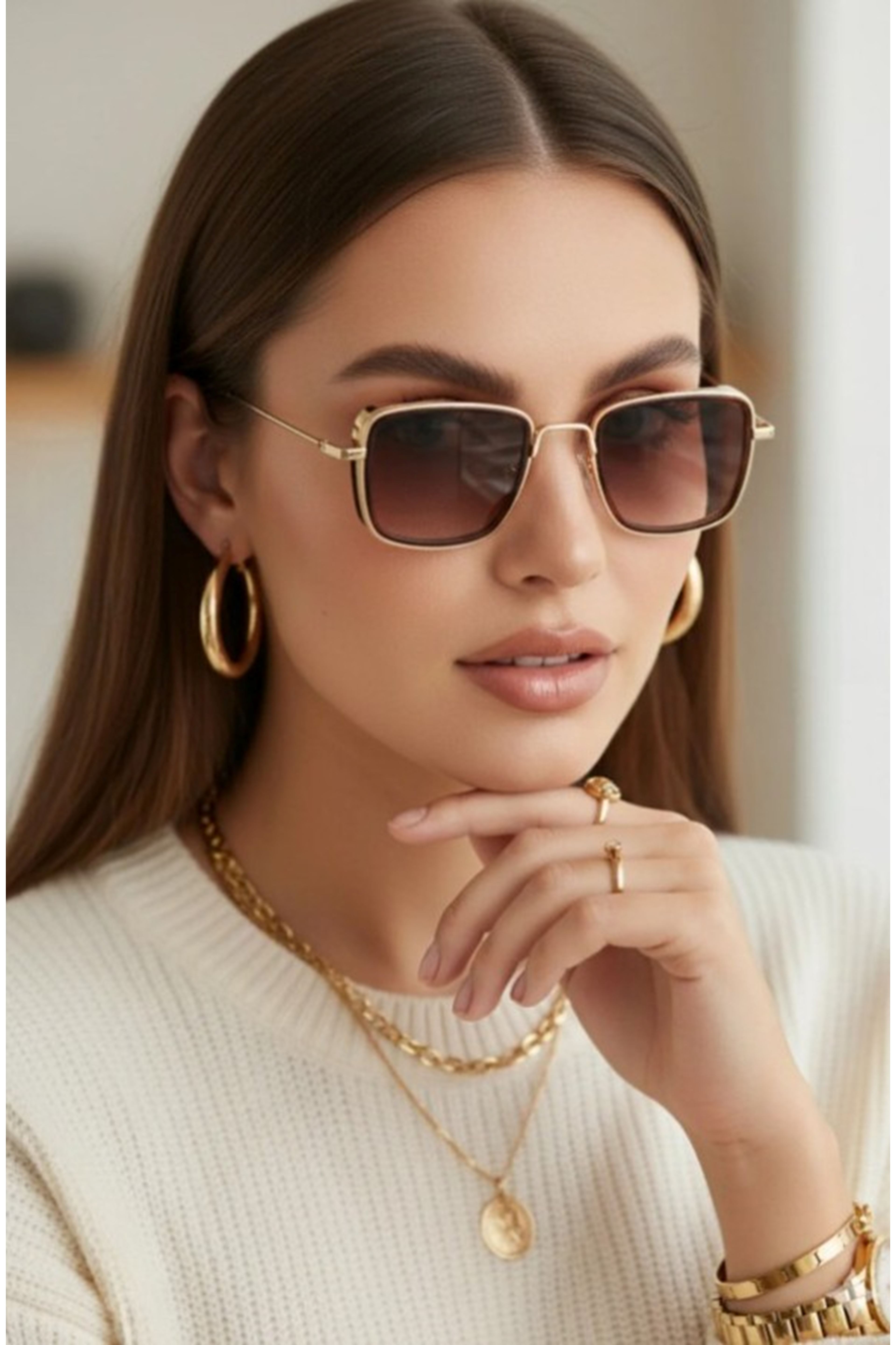 Gold İnce Metal Minimal Kare Güneş Gözlüğü