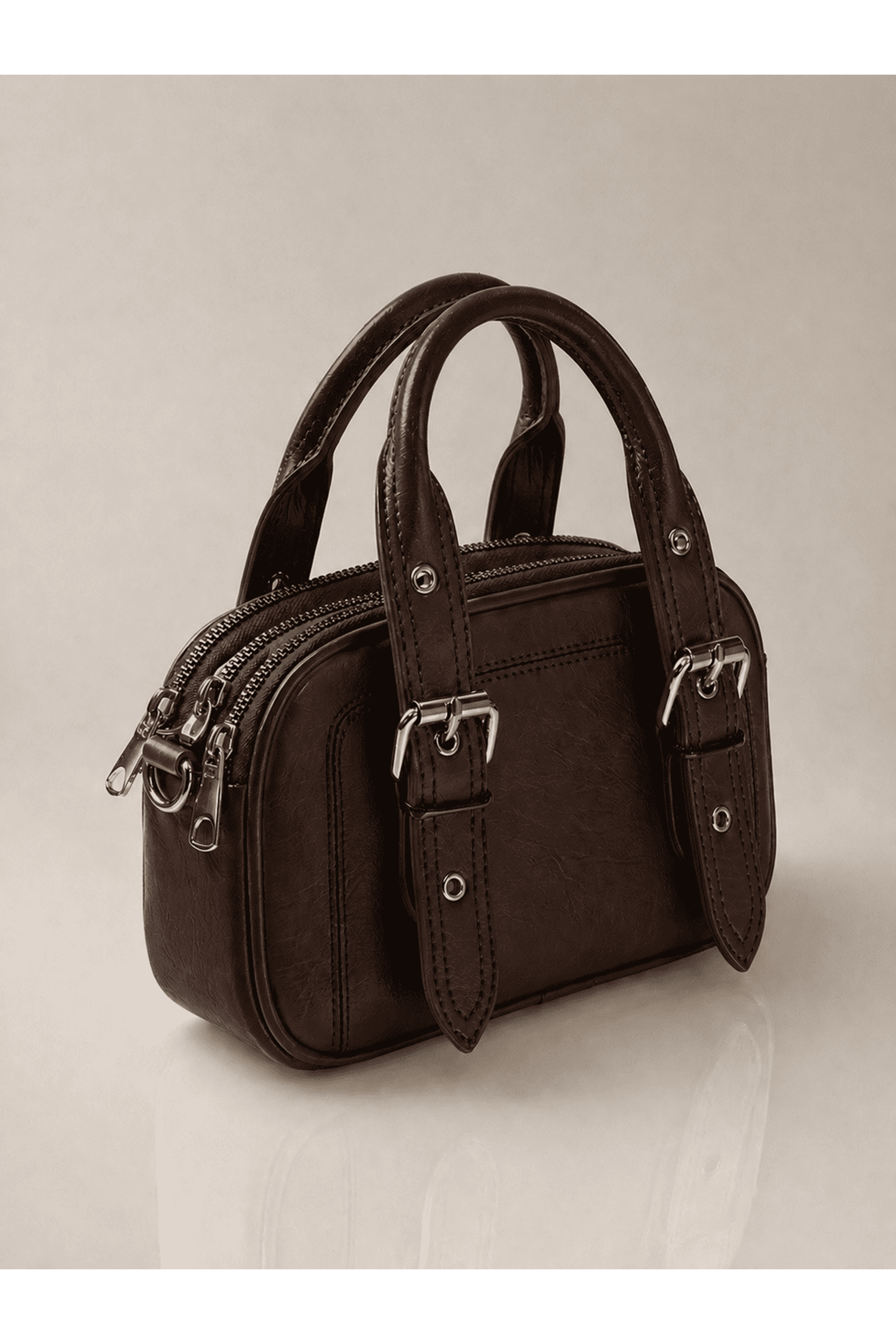 Kadın Üç Bölmeli Fermuarlı Mini Çanta Günlük El ve Omuz Modeli- KAHVERENGİ