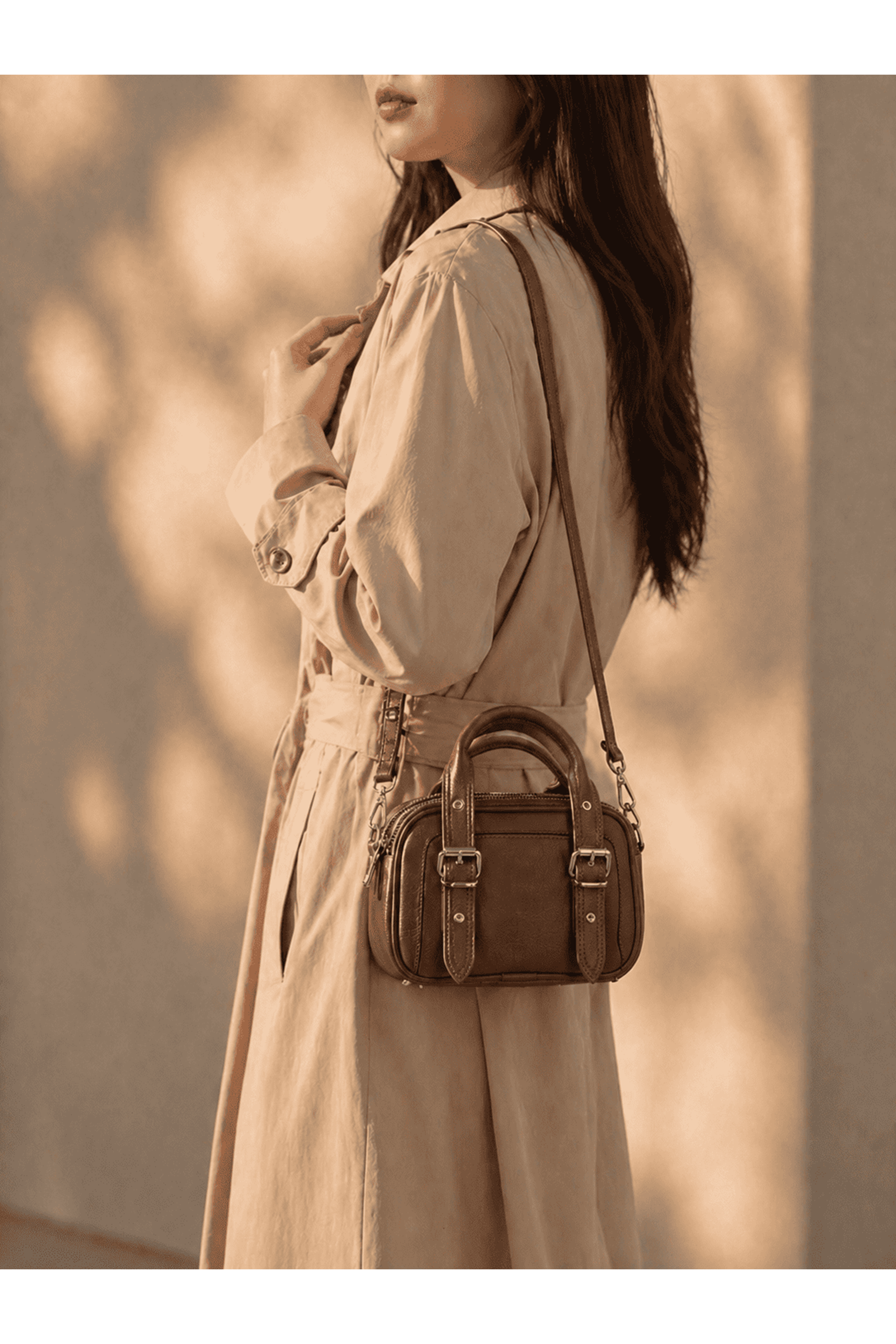 Kadın Üç Bölmeli Fermuarlı Mini Çanta Günlük El ve Omuz Modeli- KAHVERENGİ