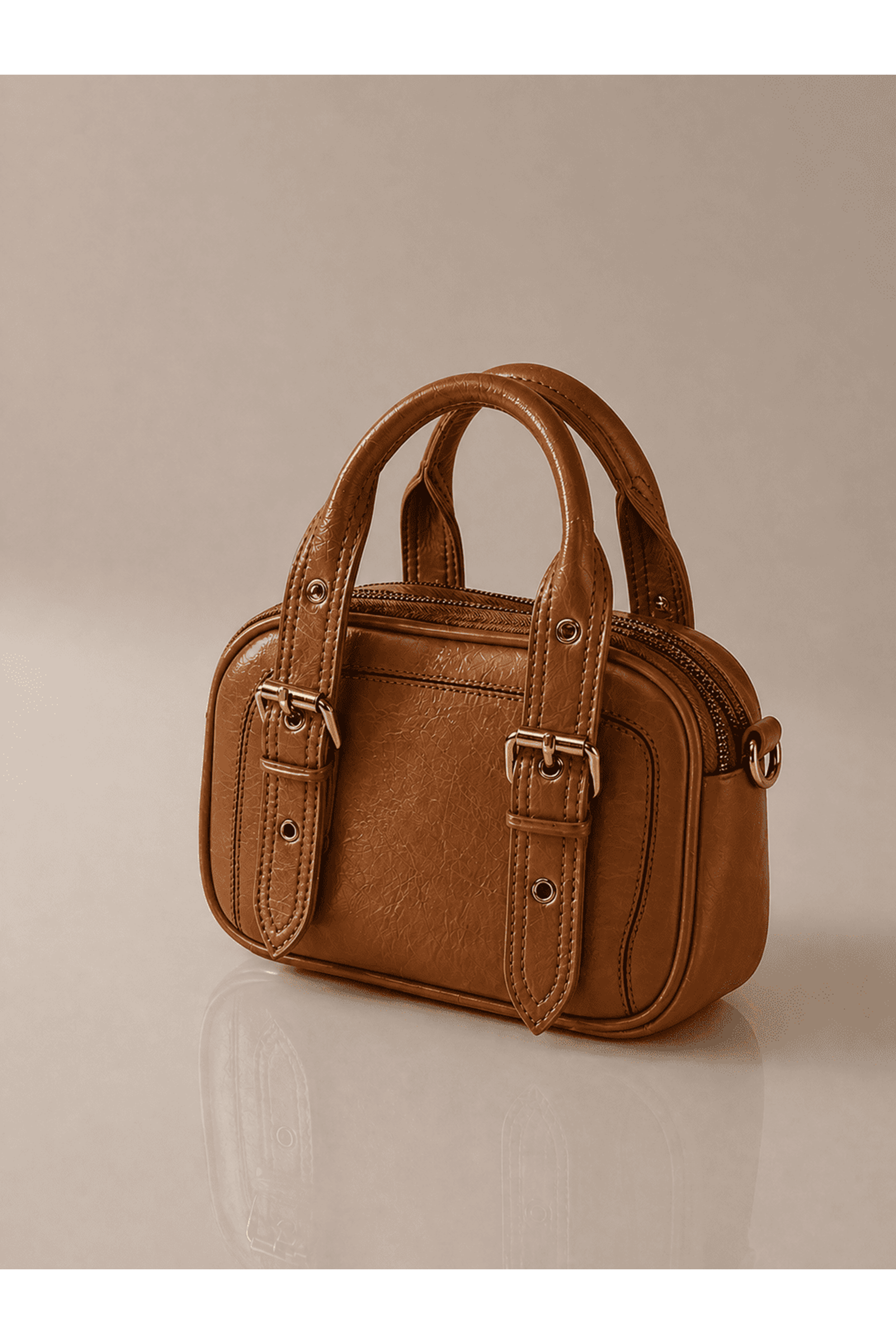 Kadın Üç Bölmeli Fermuarlı Mini Çanta Günlük El ve Omuz Modeli- TABA