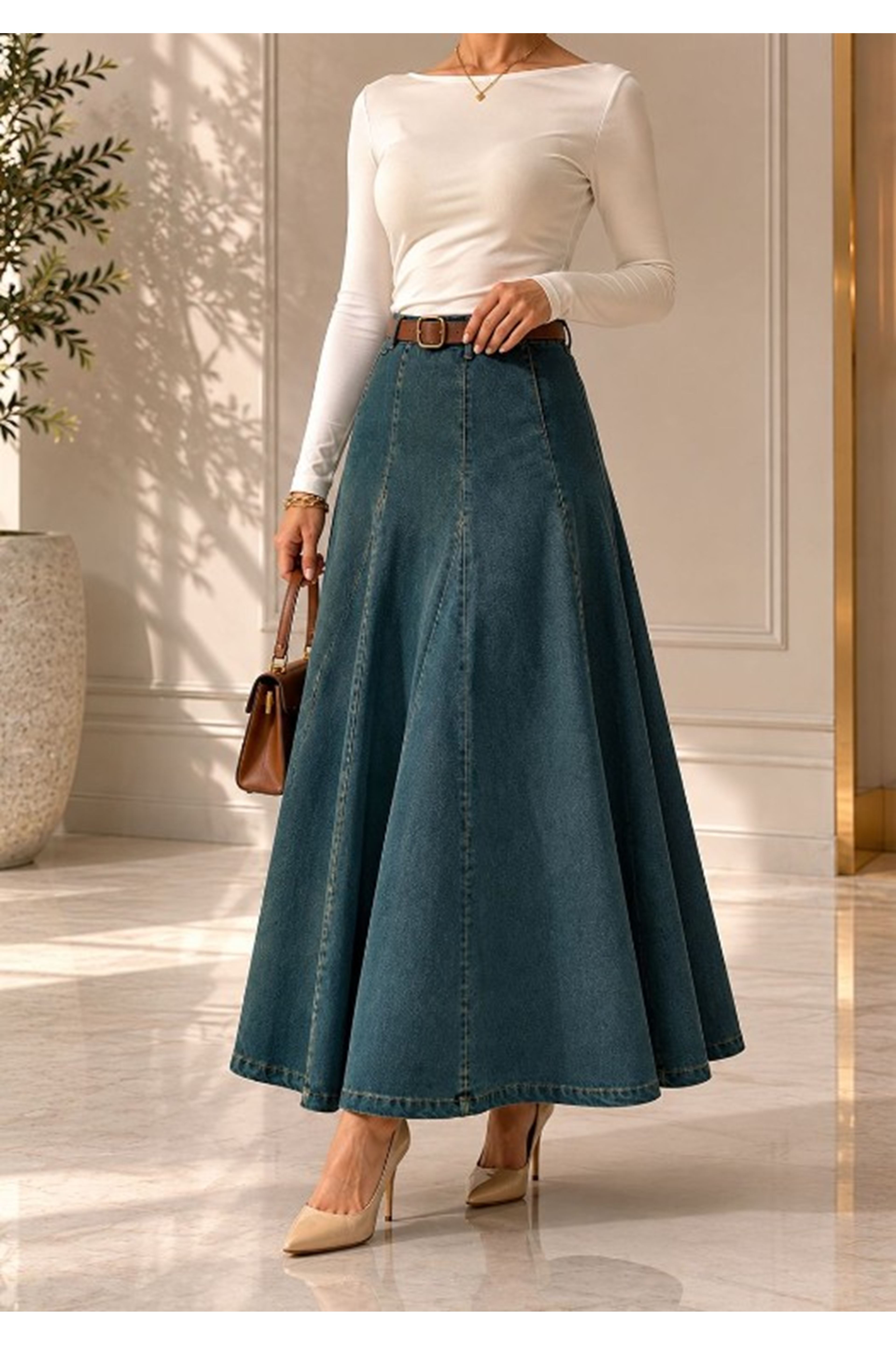 Arua Paneled Denim Skirt - Green