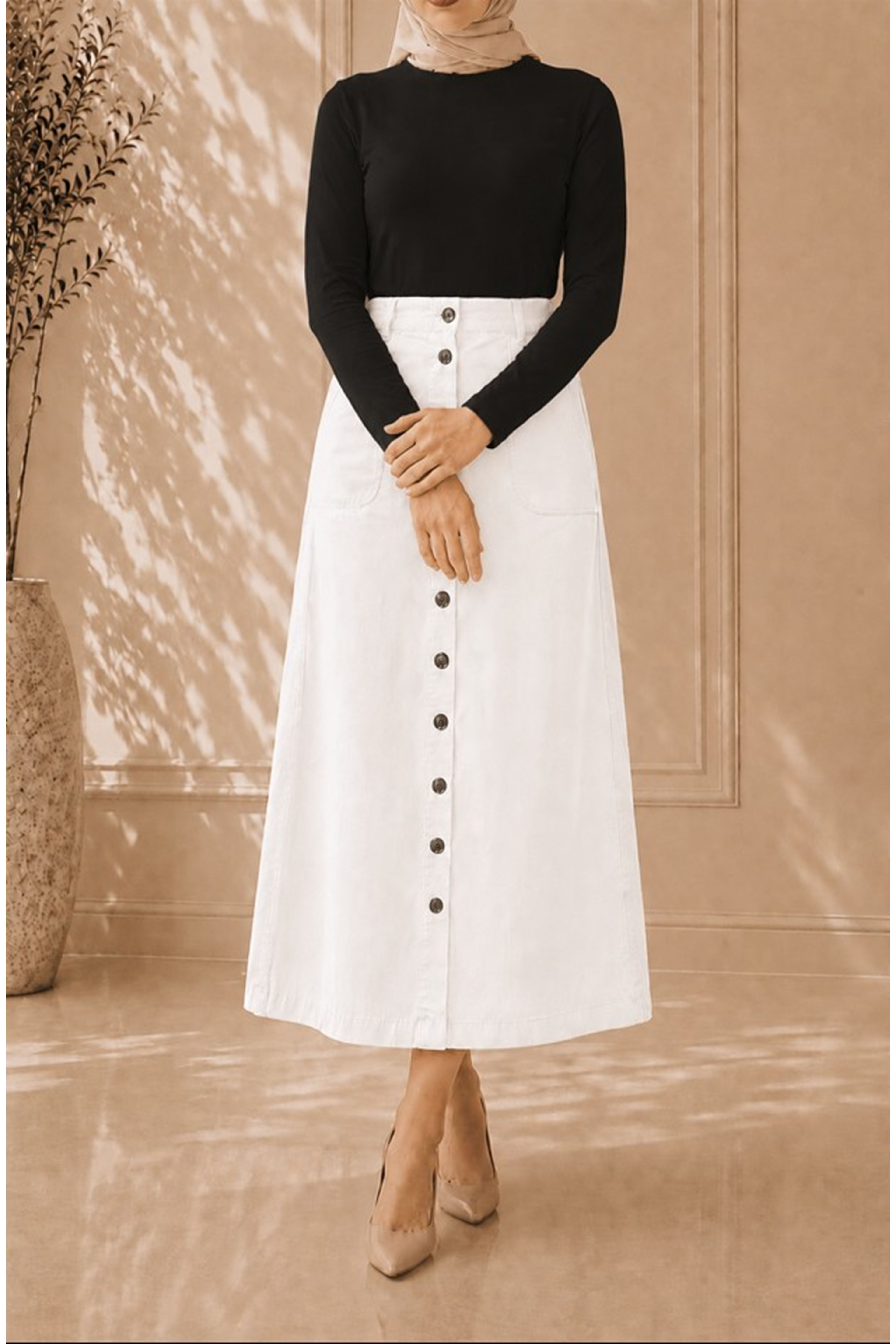 Buttoned Gabardine Skirt White