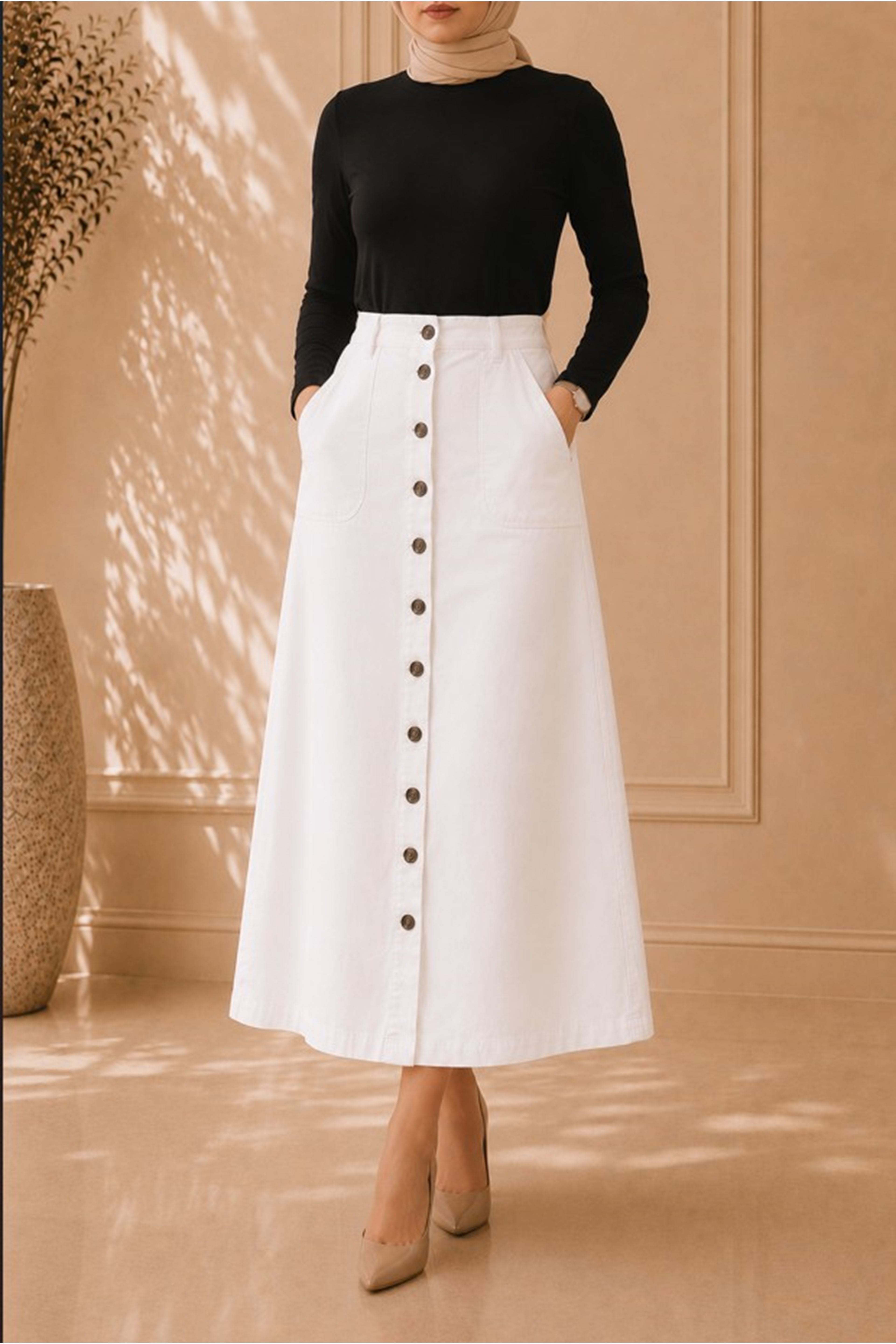 Buttoned Gabardine Skirt White