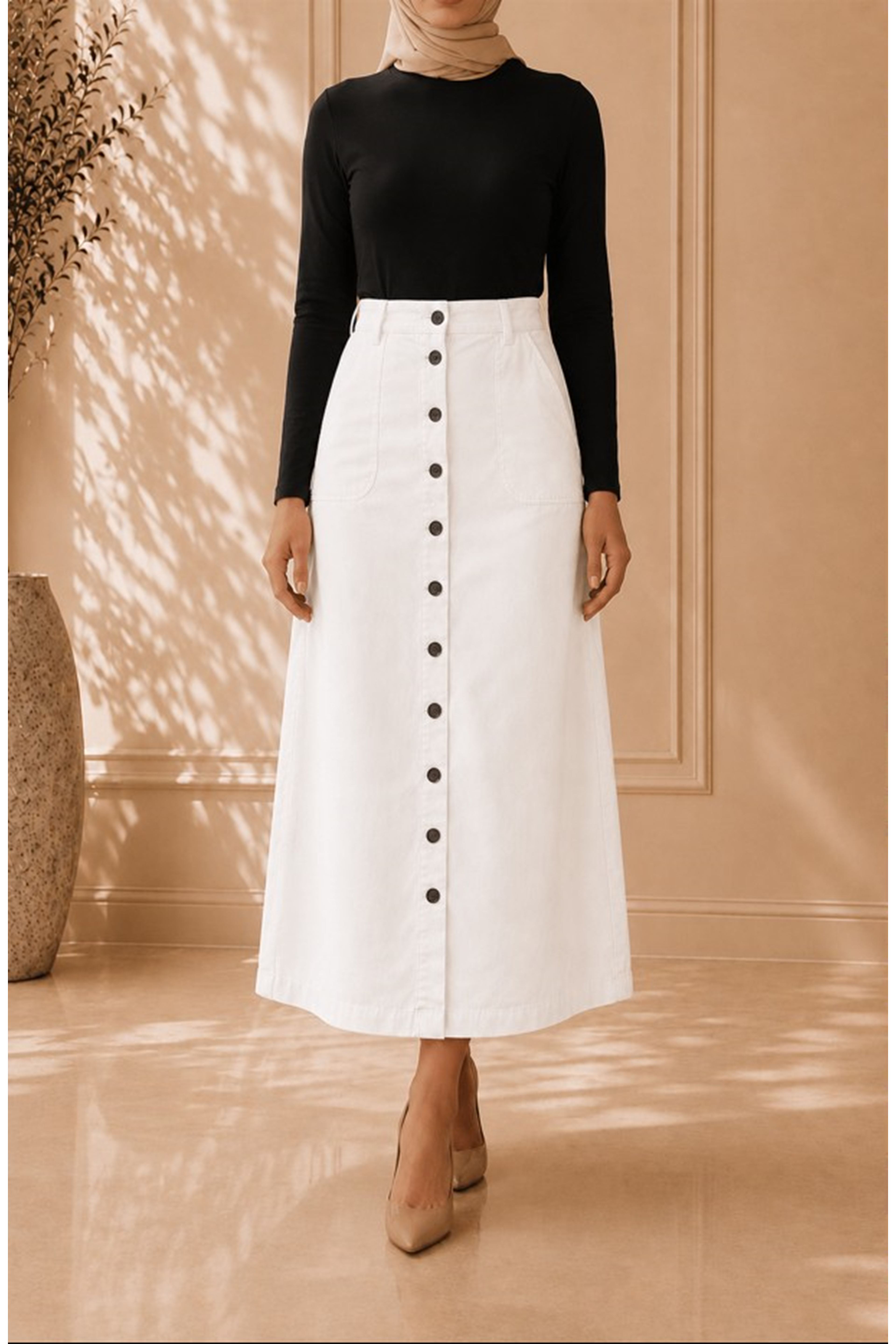Buttoned Gabardine Skirt White