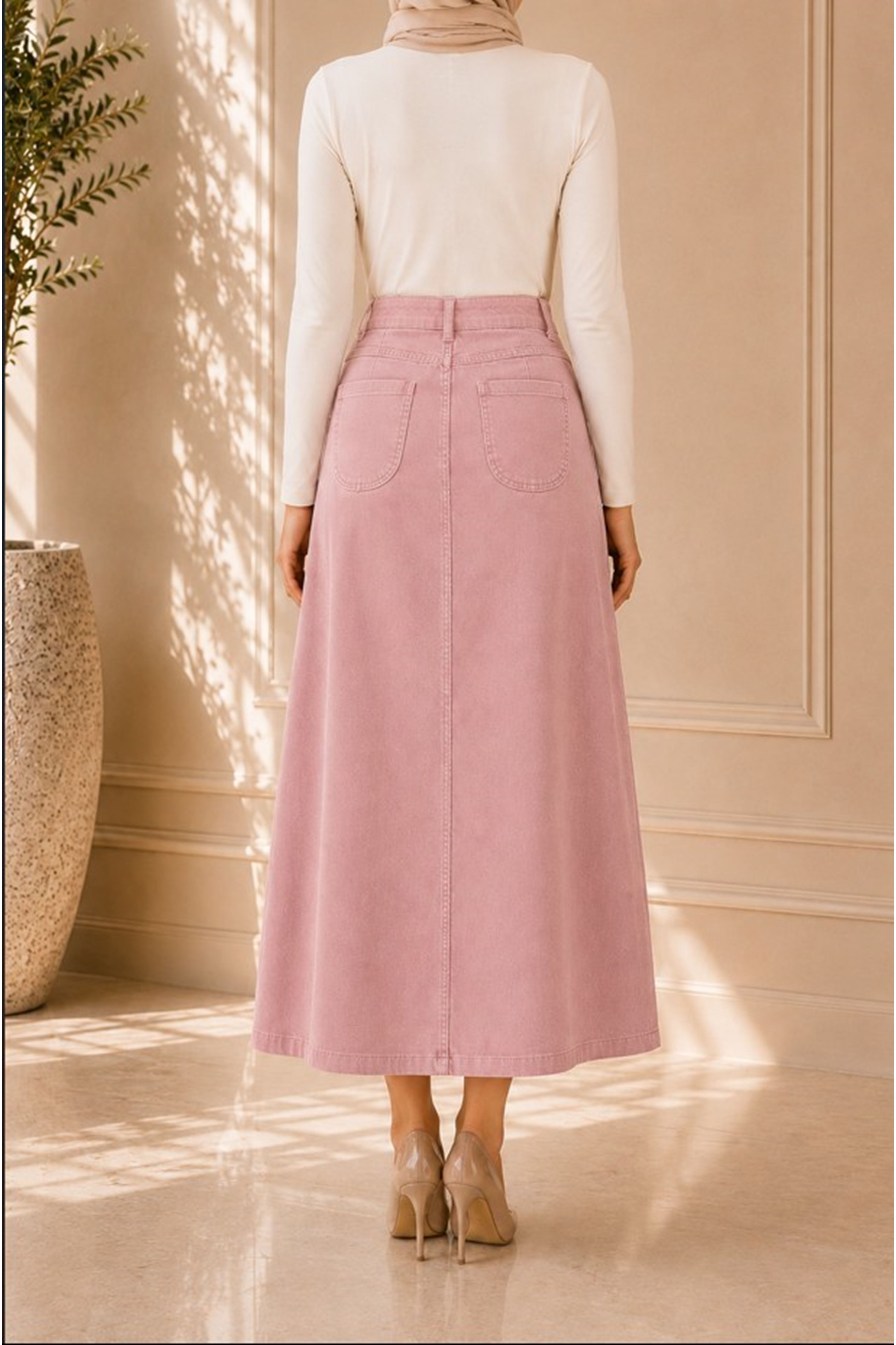 Buttoned Gabardine Skirt Powder