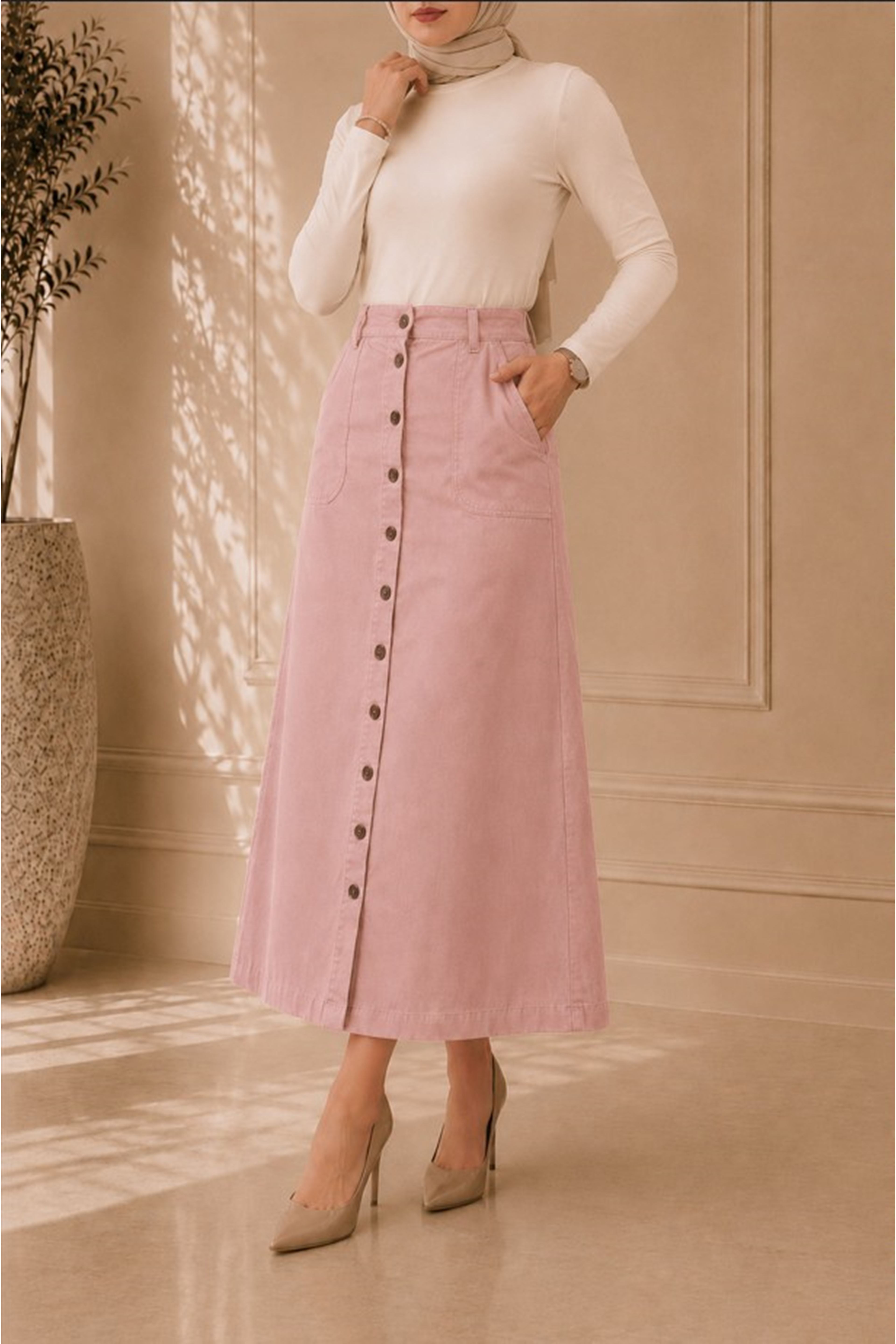 Buttoned Gabardine Skirt Powder