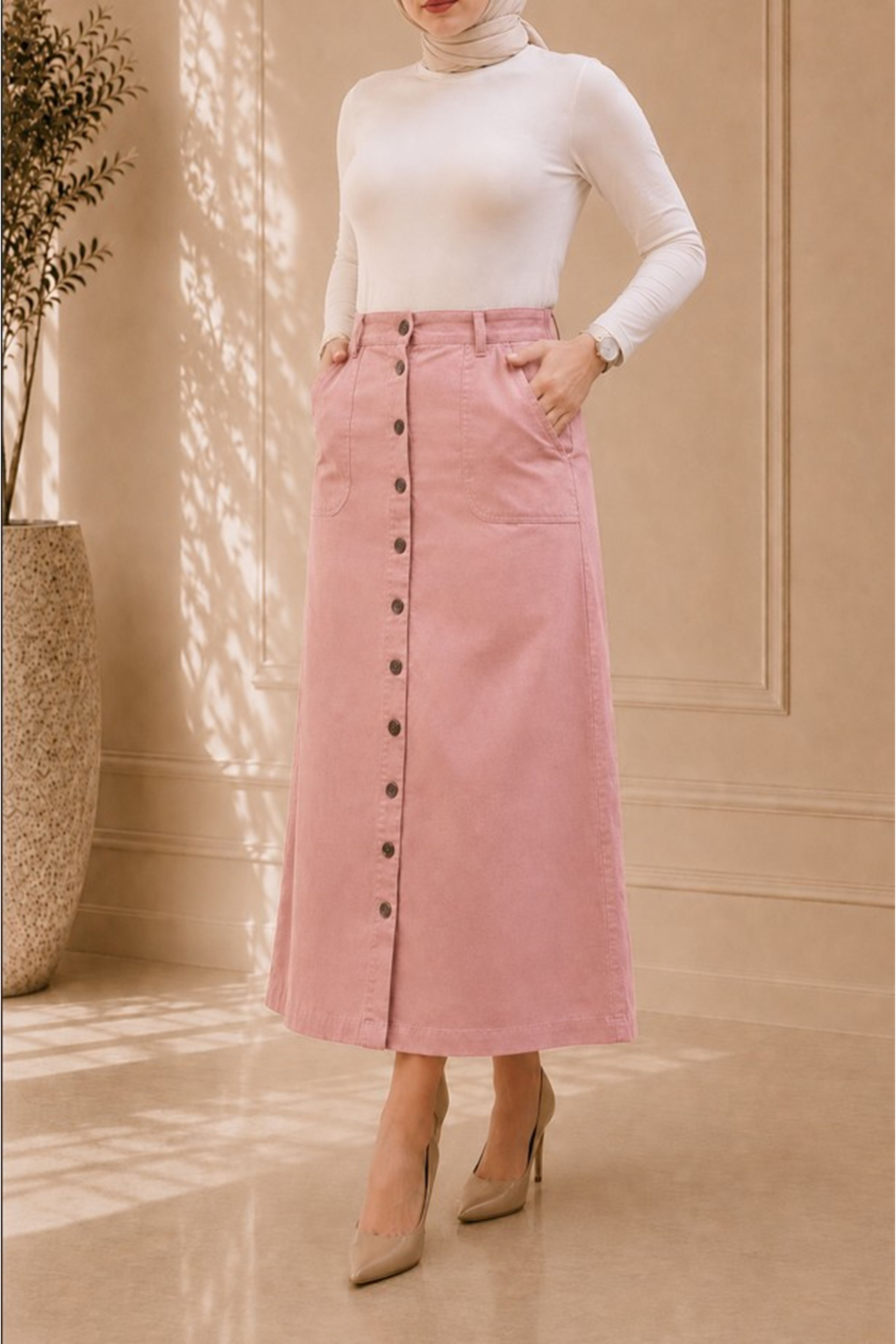 Buttoned Gabardine Skirt Powder
