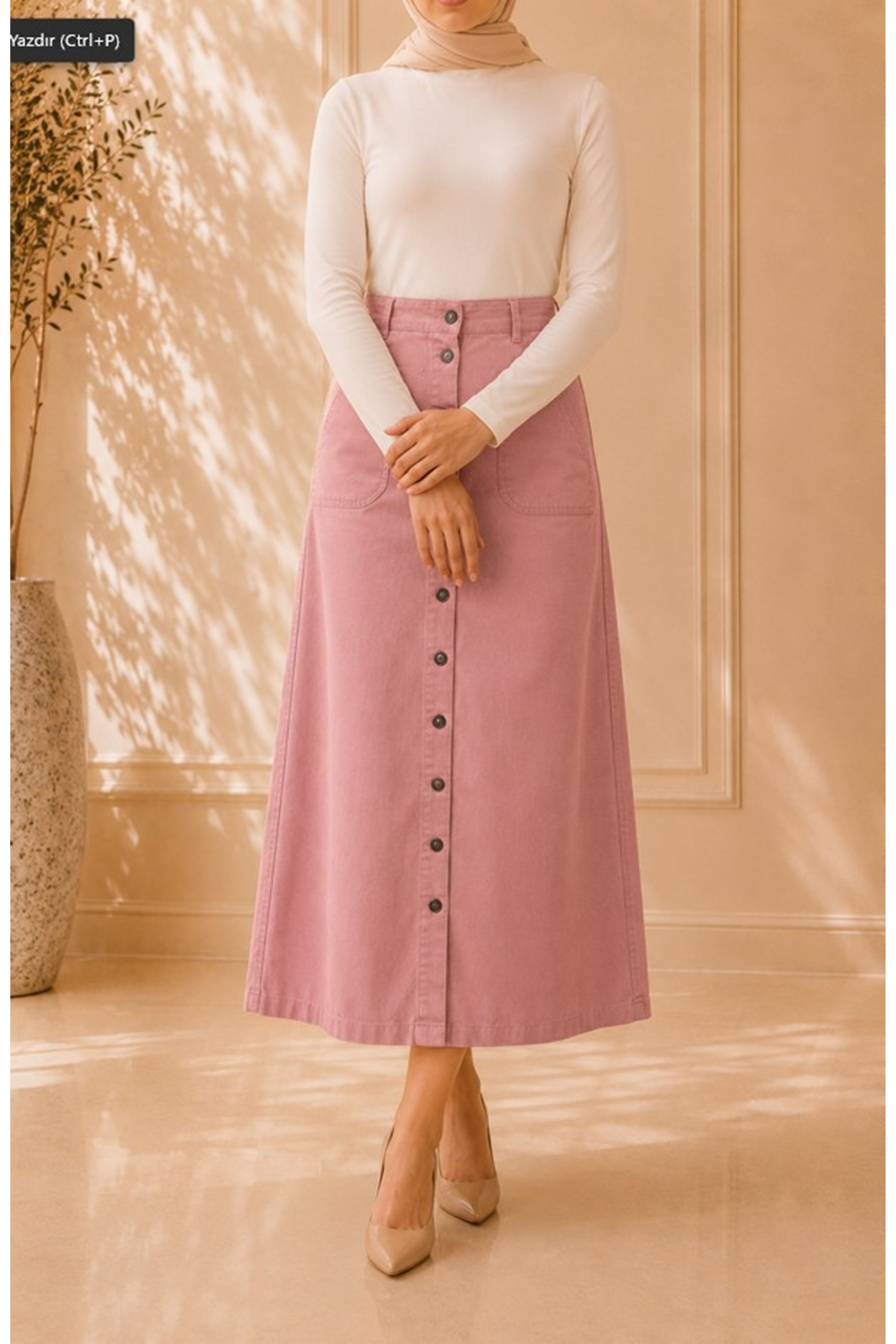Buttoned Gabardine Skirt Powder