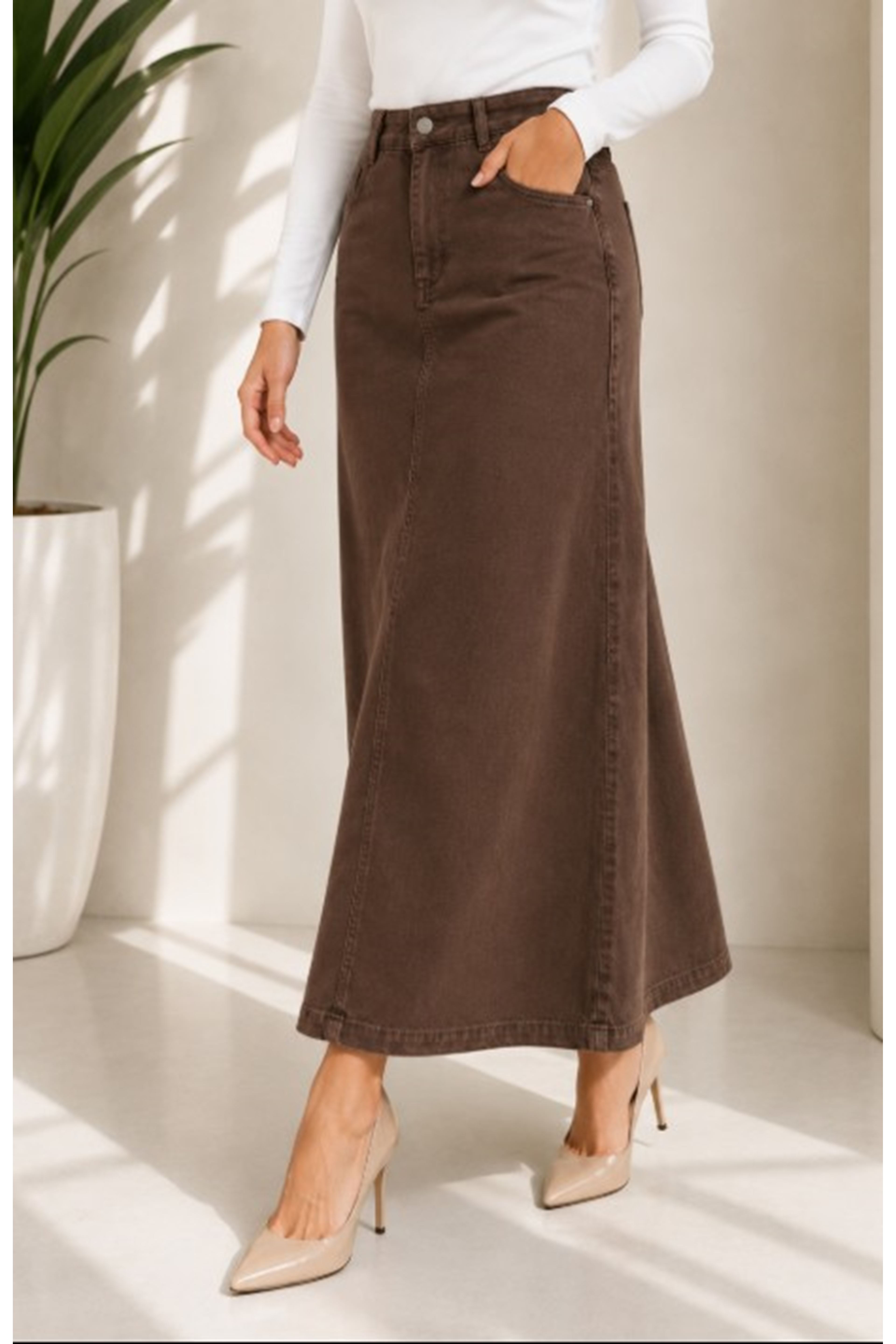 Brown Lycra and Gabardine Midi Skirt