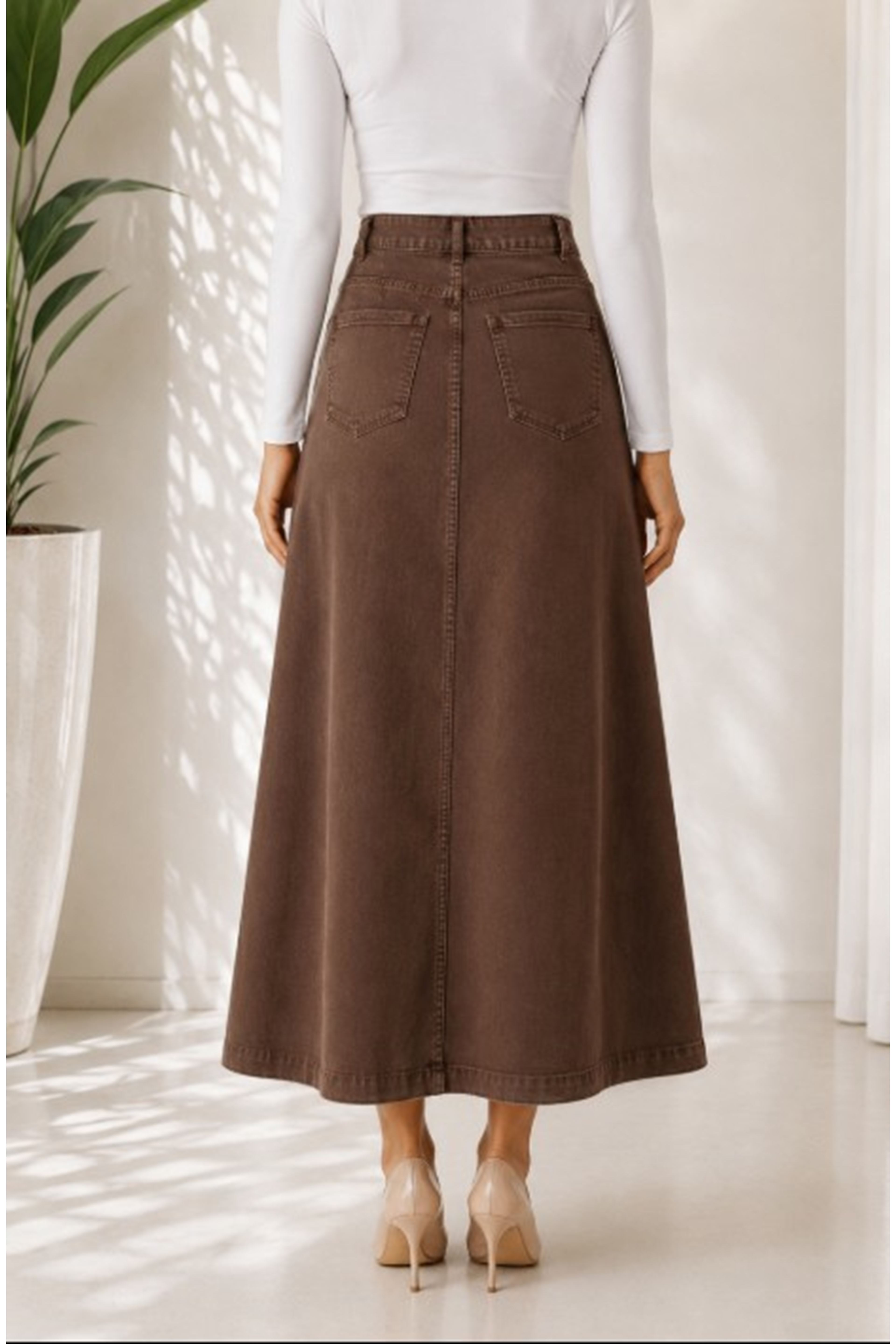 Brown Lycra and Gabardine Midi Skirt