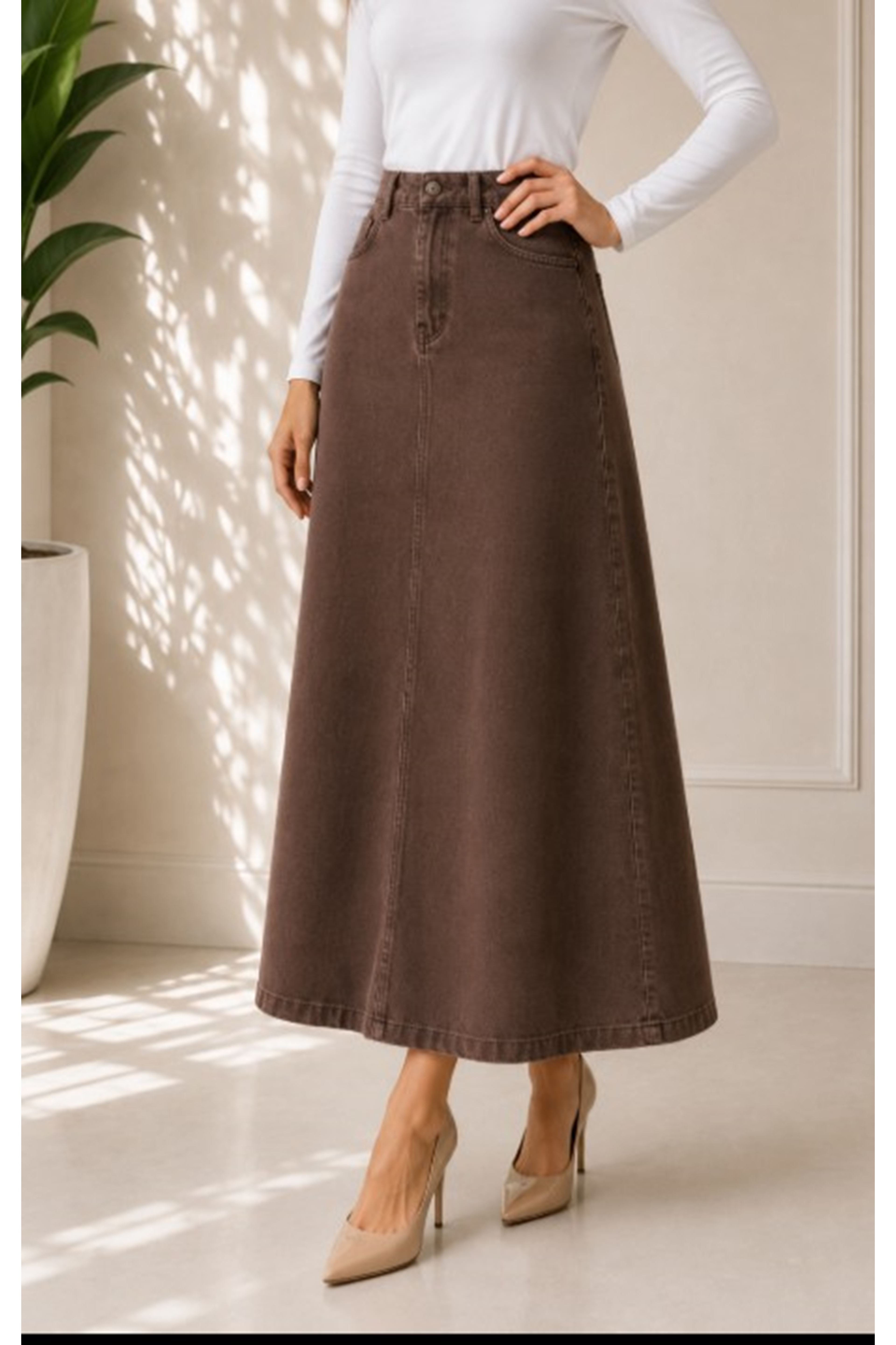 Brown Lycra and Gabardine Midi Skirt