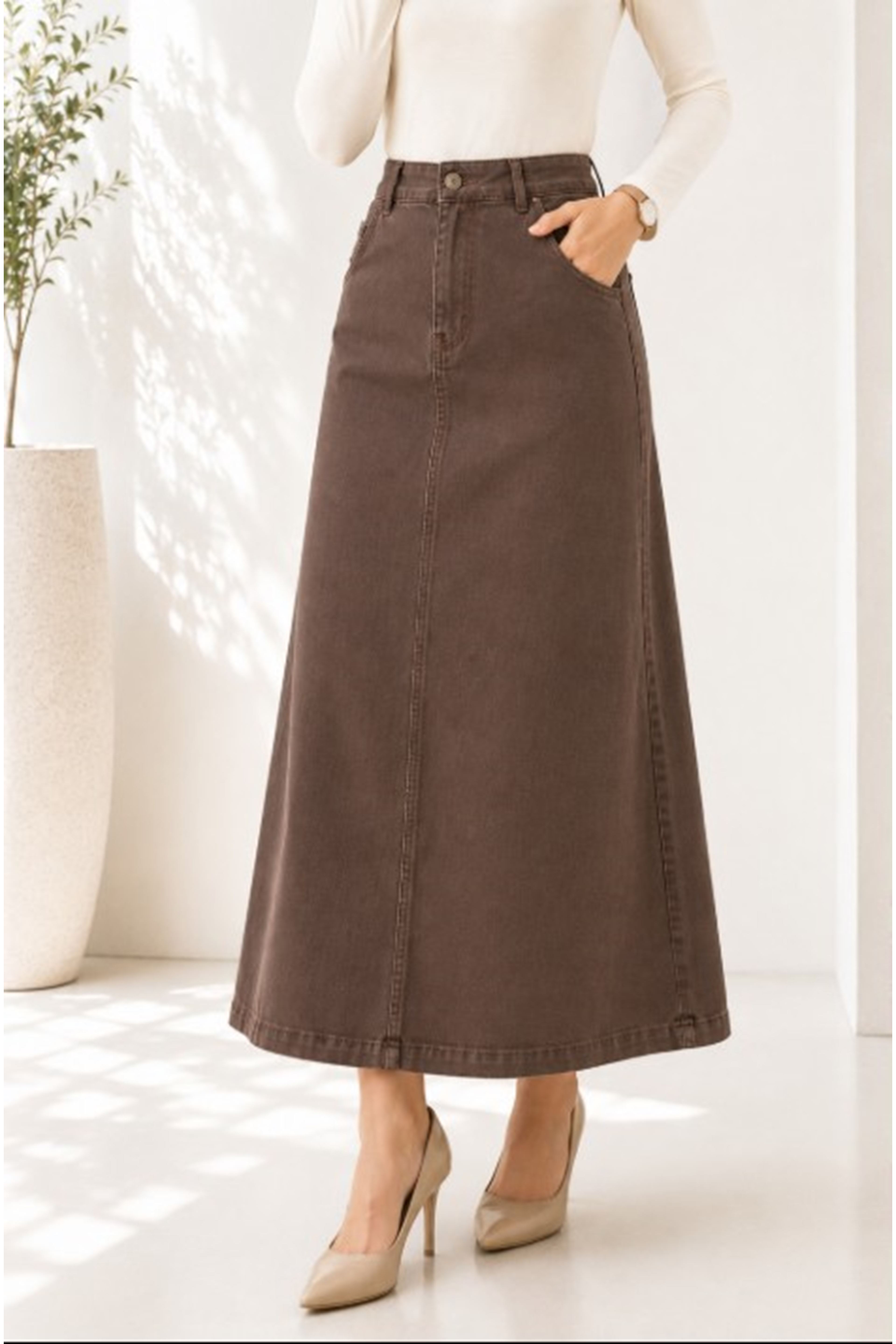 Brown Lycra and Gabardine Midi Skirt
