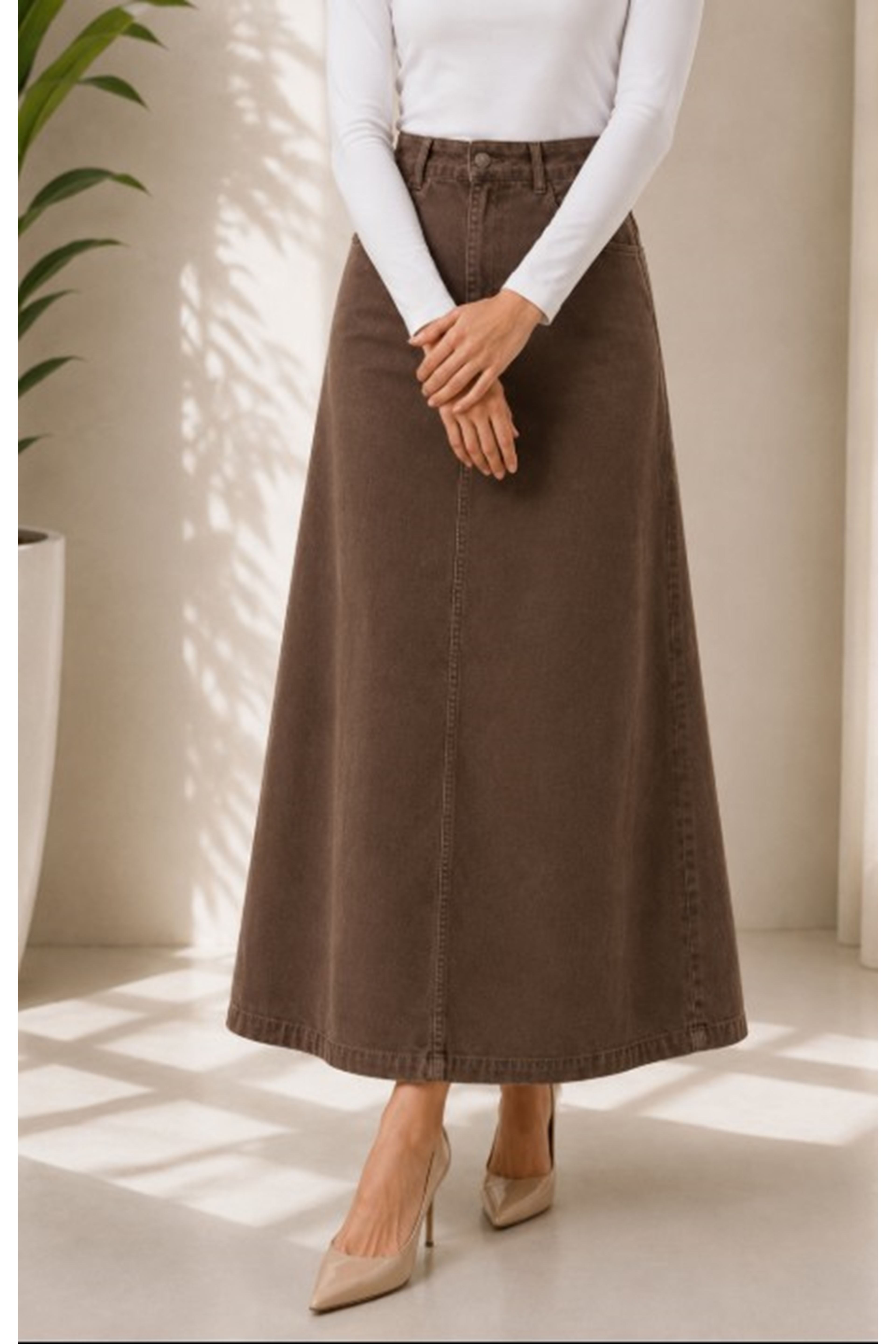 Brown Lycra and Gabardine Midi Skirt