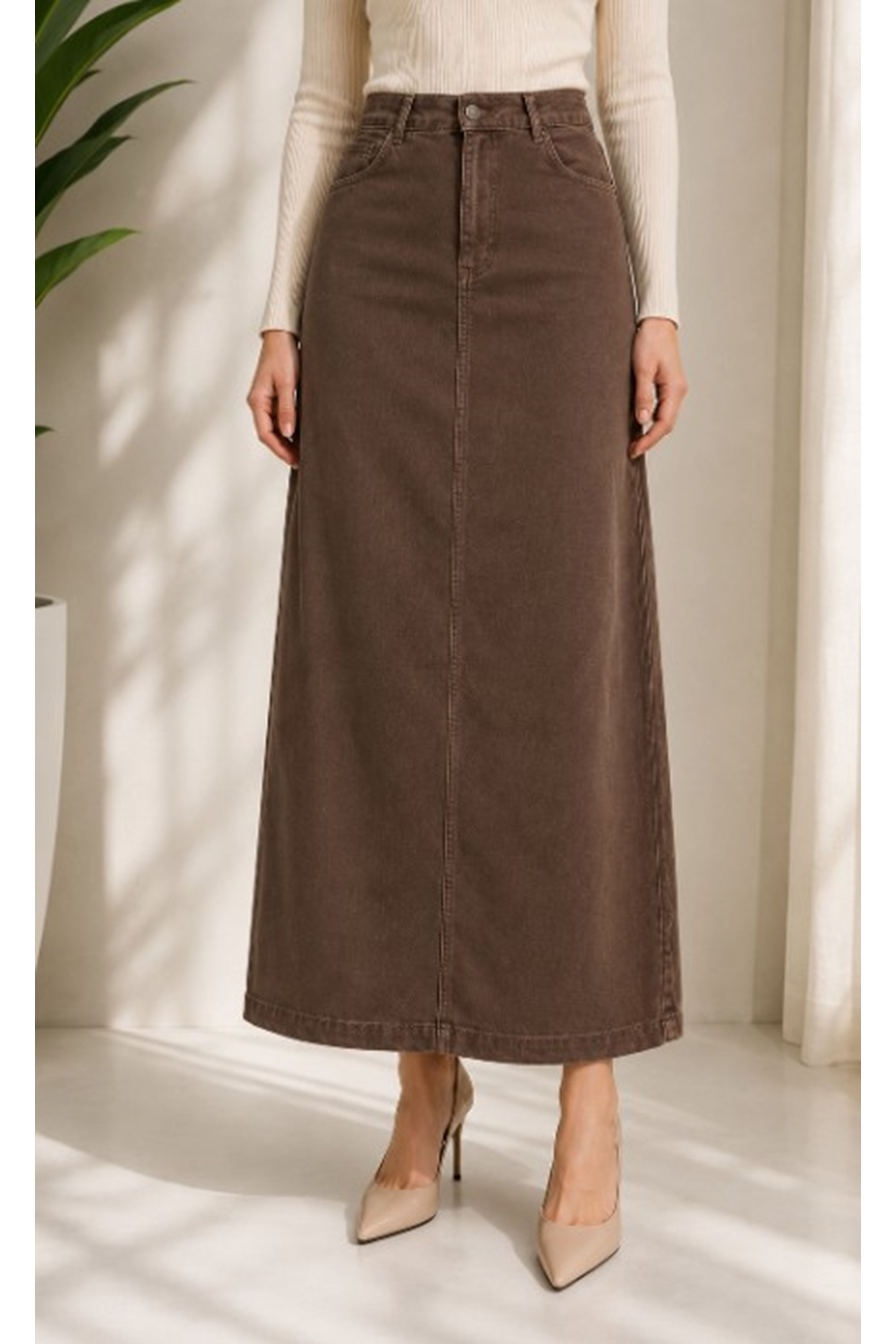 Brown Lycra and Gabardine Midi Skirt