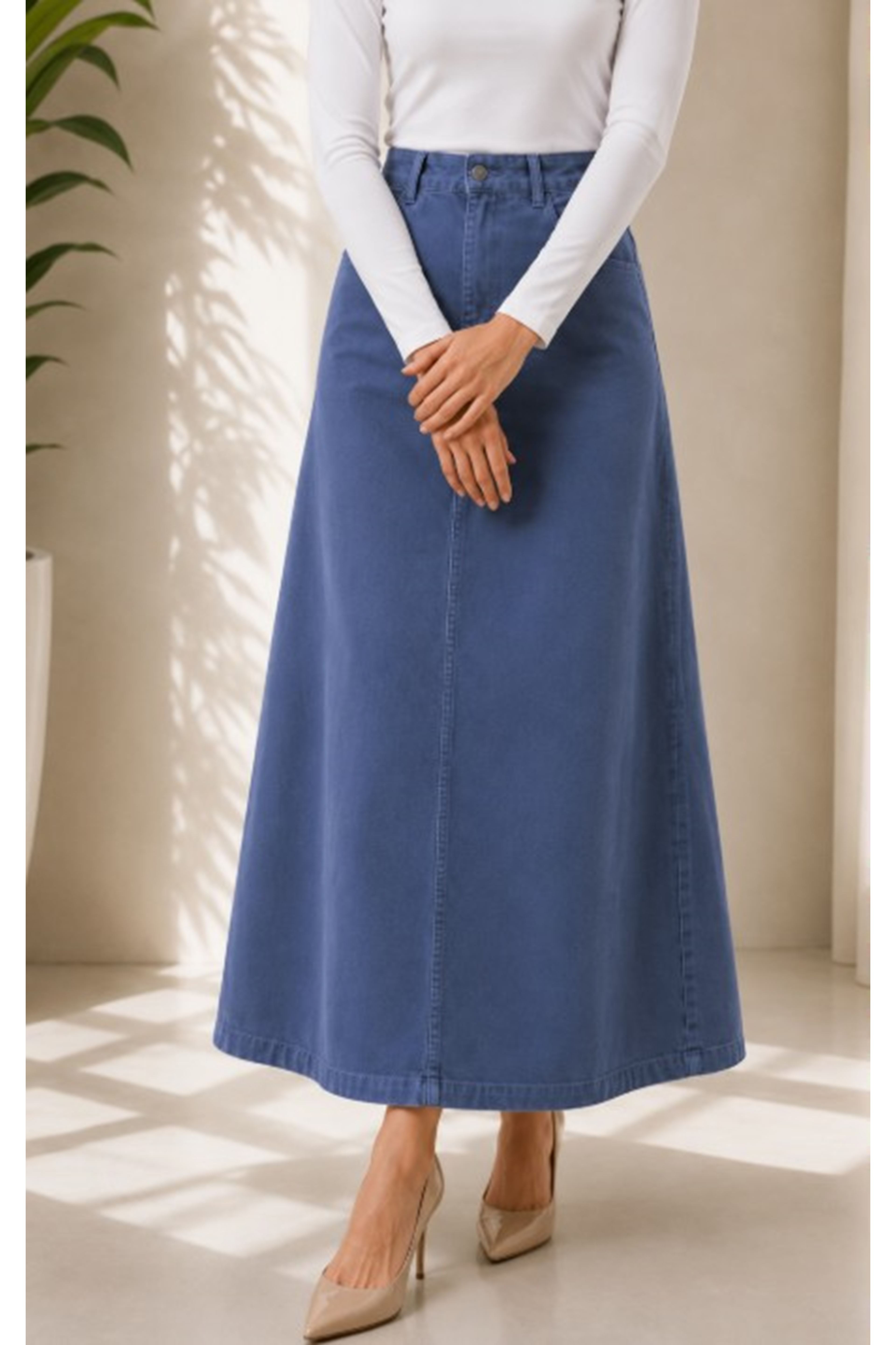 Navy blue lycra and gabardine midi skirt