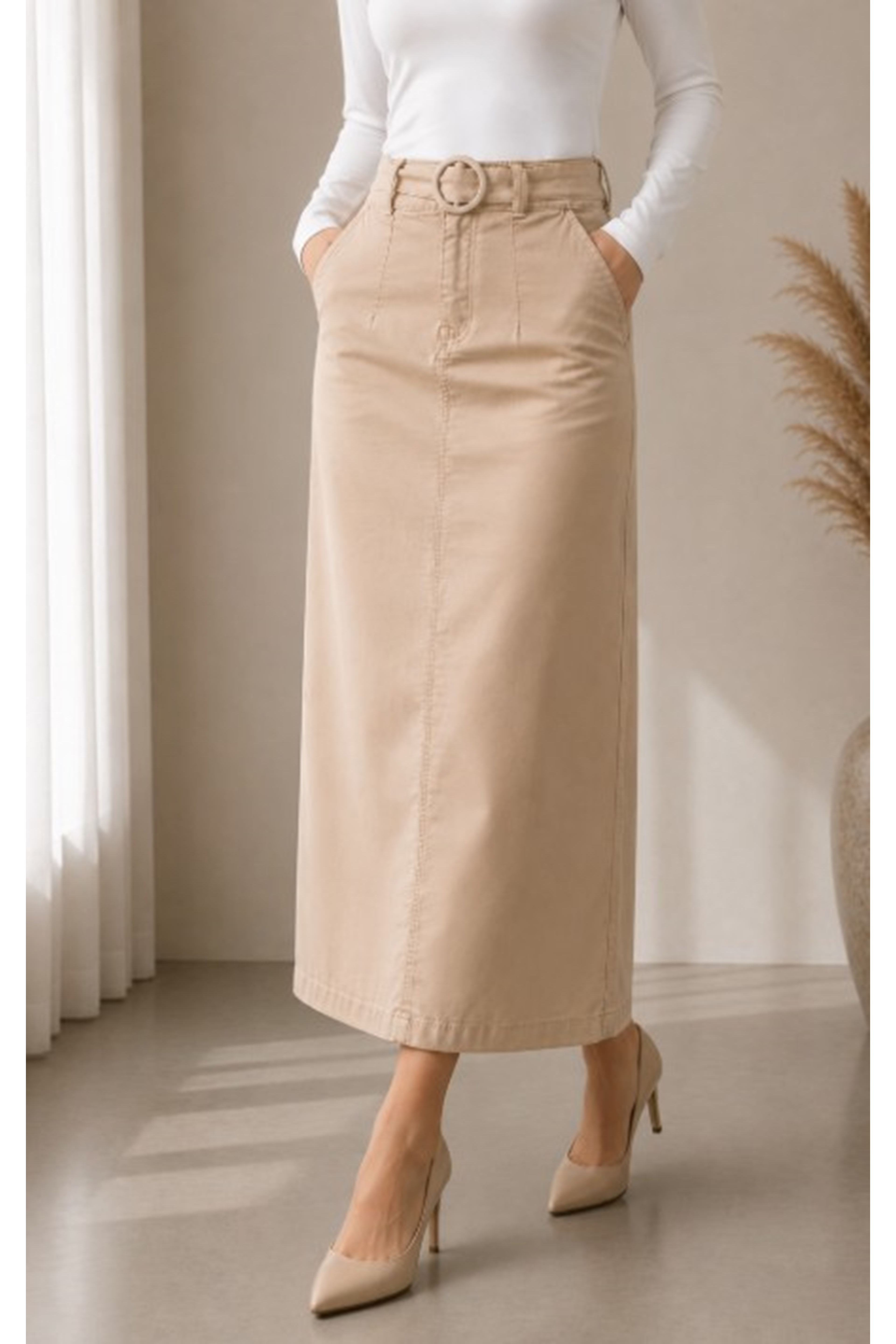 Gabardine Skirt with Pocket Detail and Belt Buckle, Almond