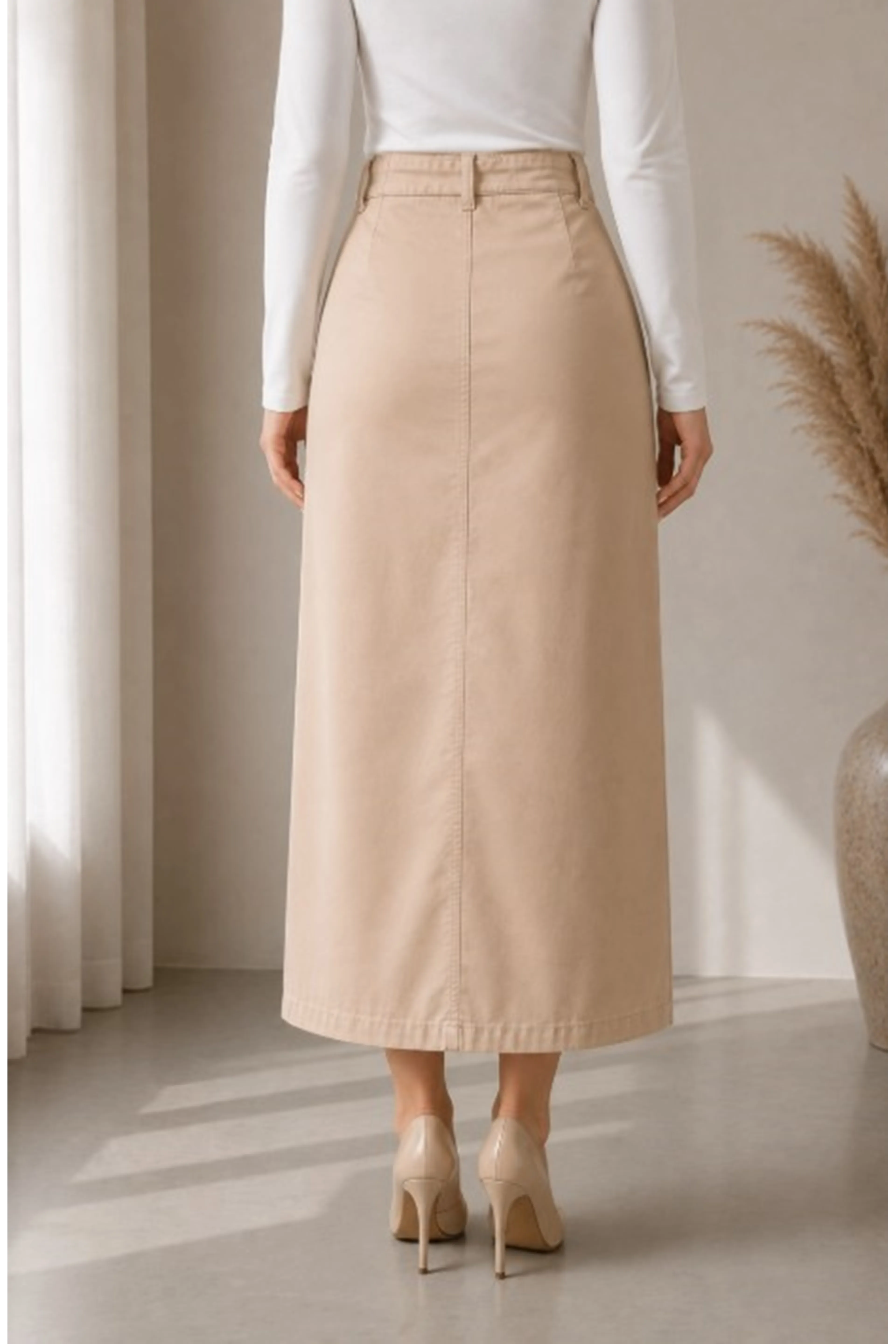 Gabardine Skirt with Pocket Detail and Belt Buckle, Almond