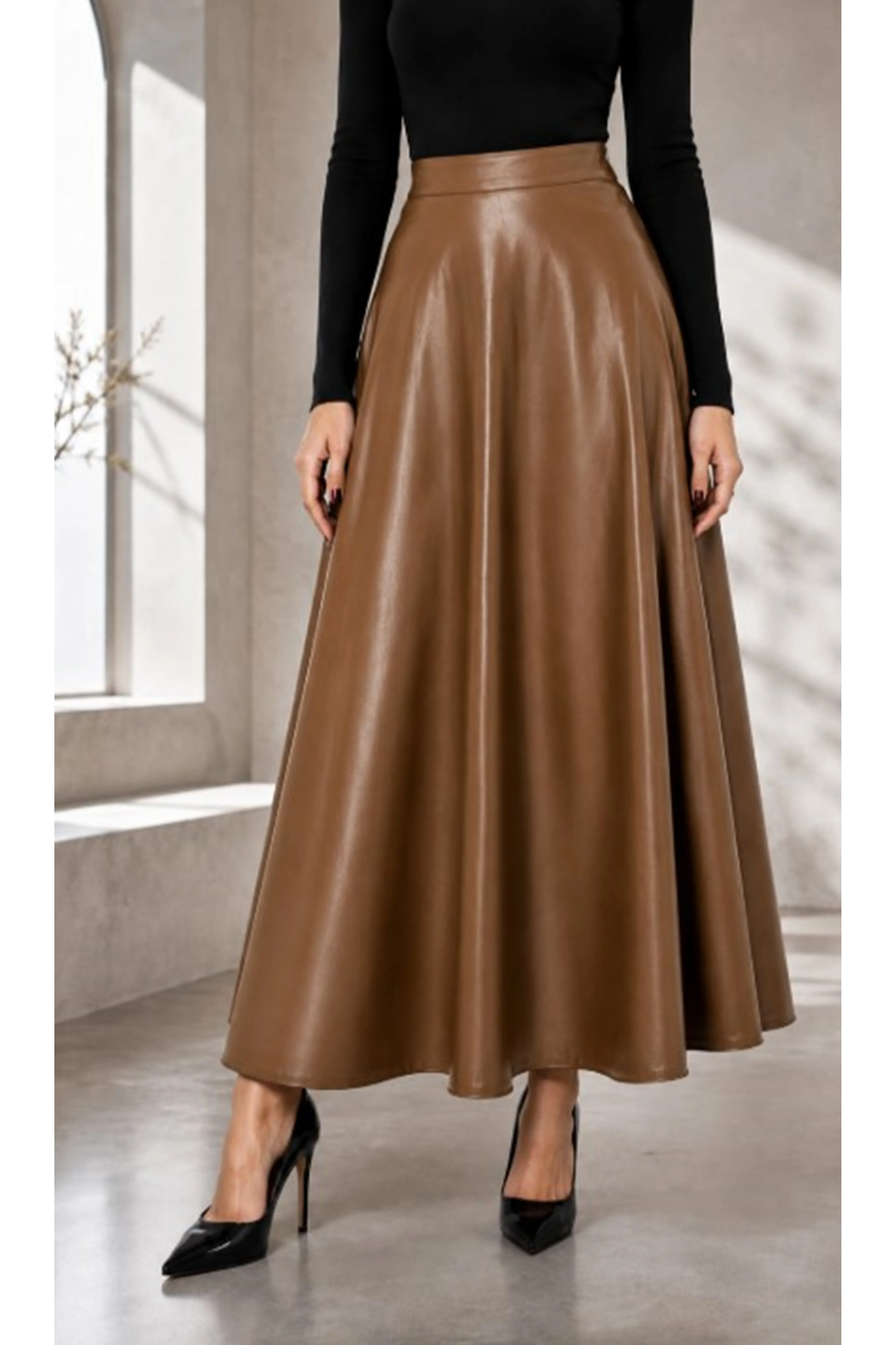 Mevlana Model Leather Skirt Brown