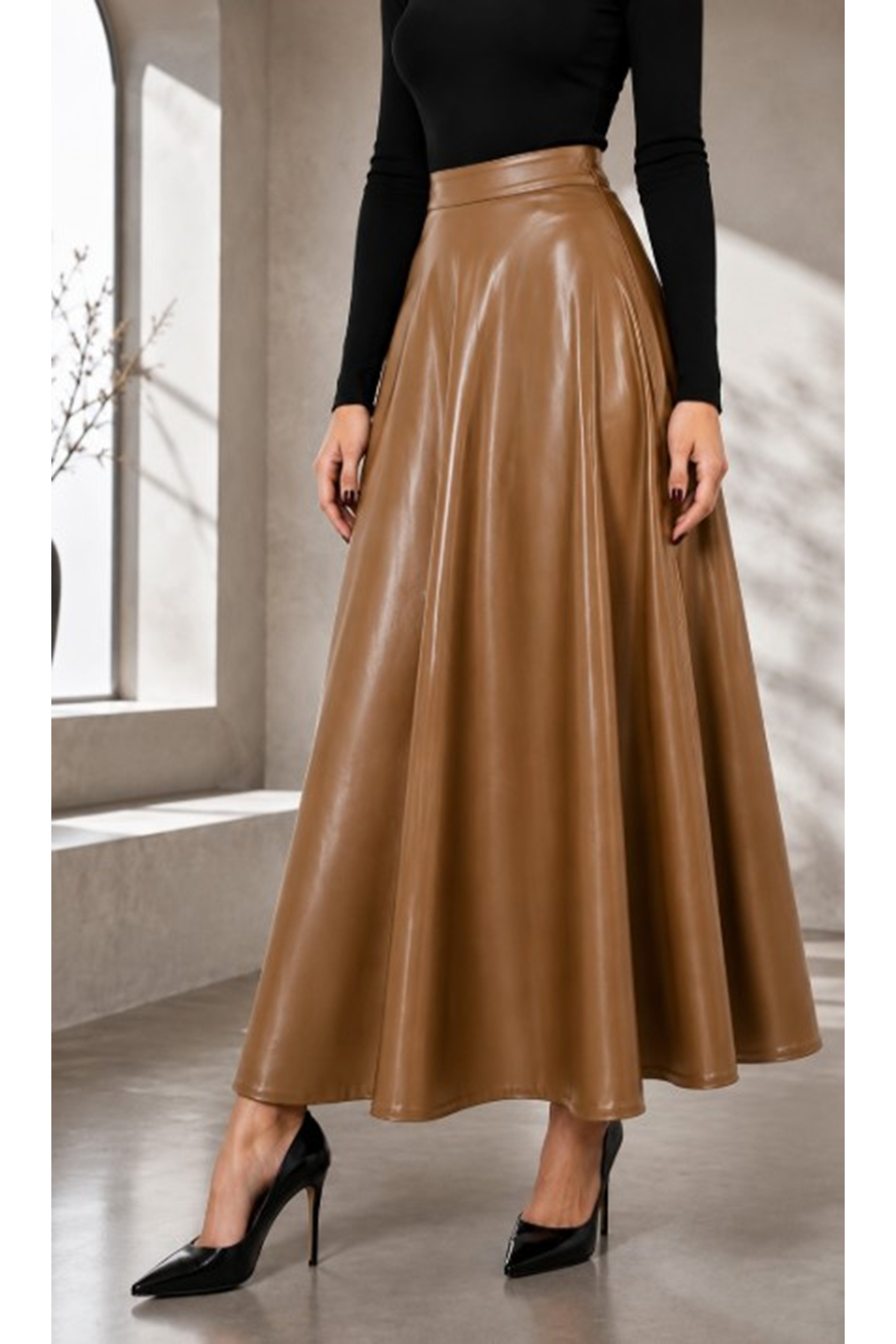 Mevlana Model Leather Skirt Brown