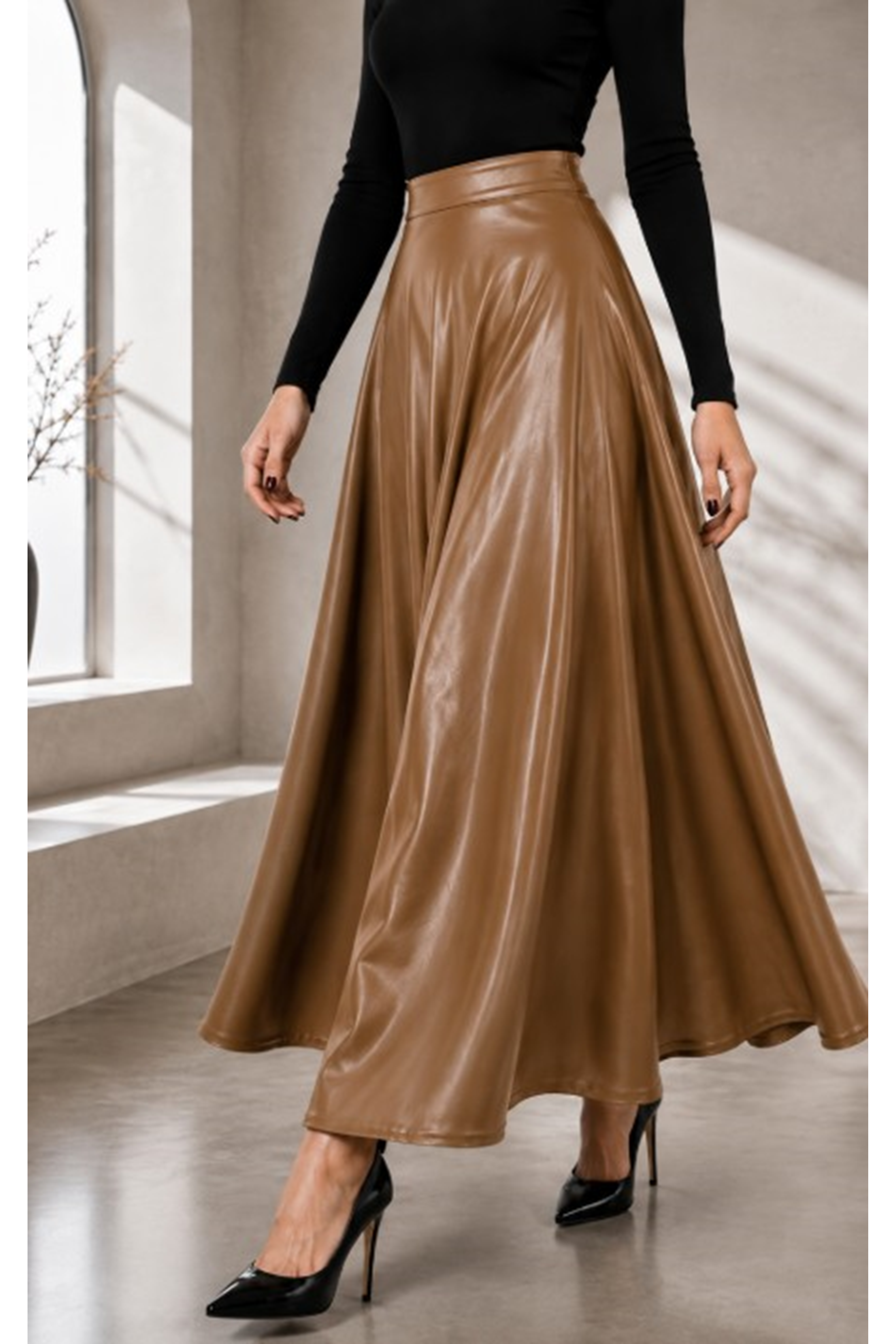 Mevlana Model Leather Skirt Brown