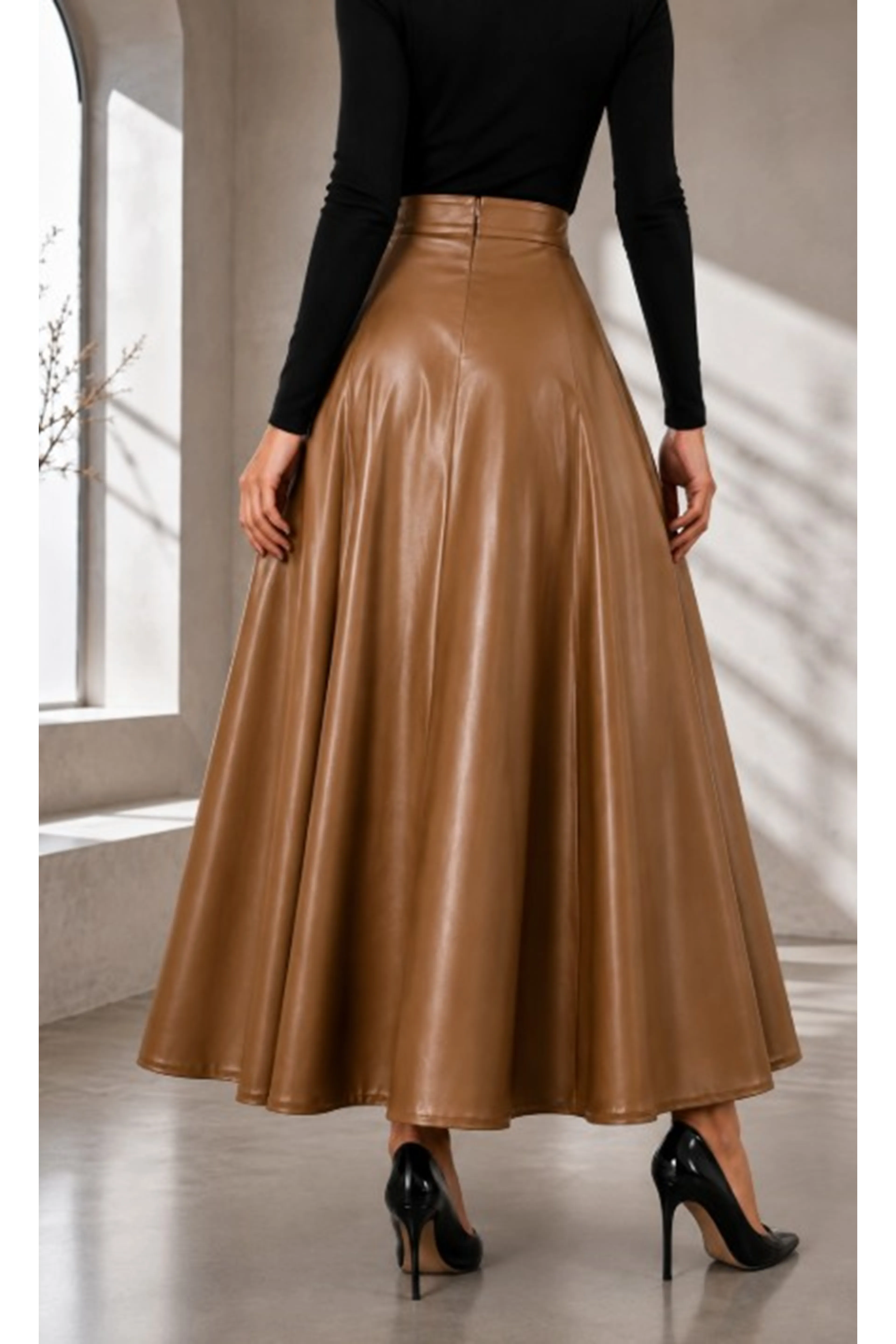 Mevlana Model Leather Skirt Brown