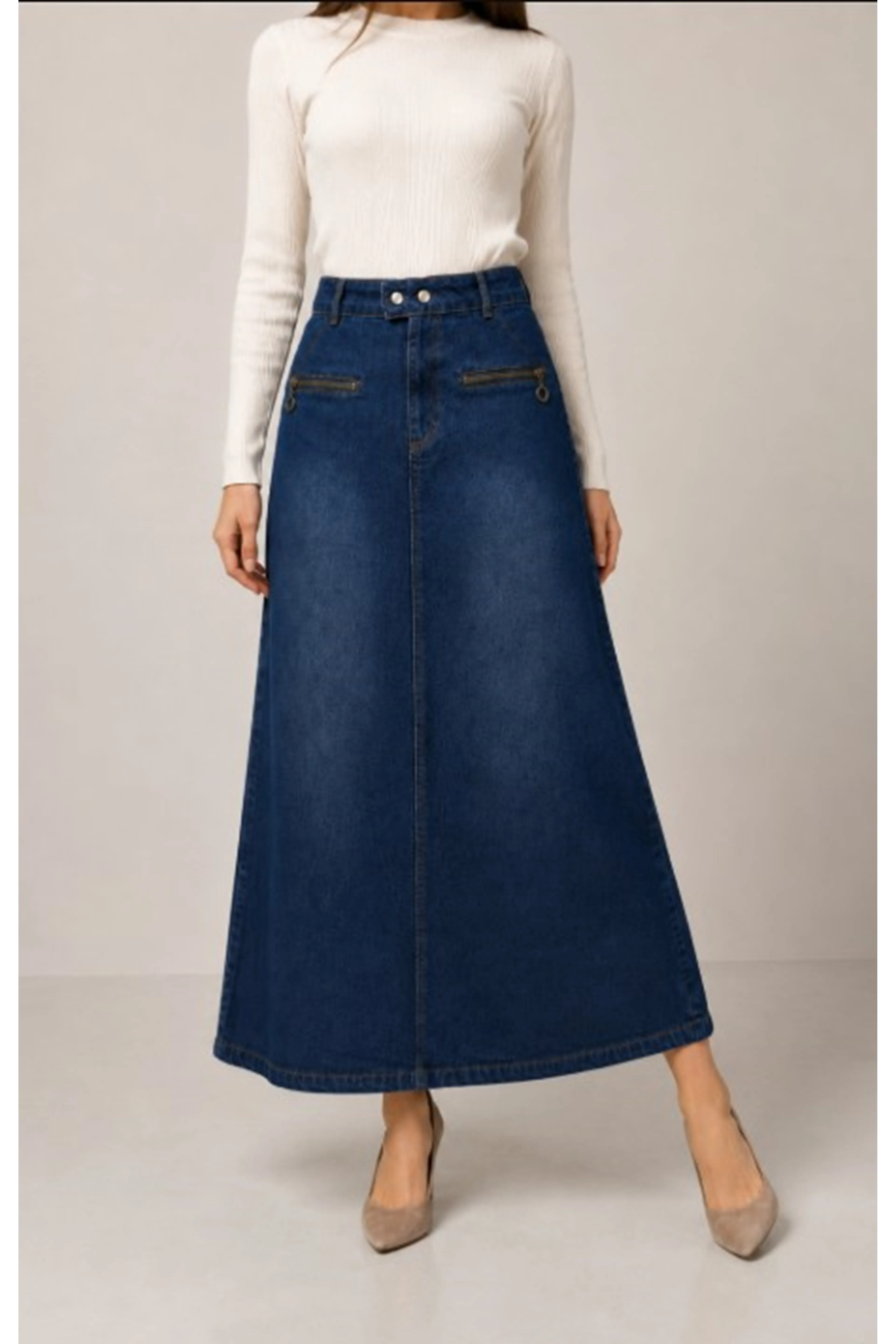 Beli Çıt Çıtlı Fermuar Cep Detaylı Kot Etek  Mavi