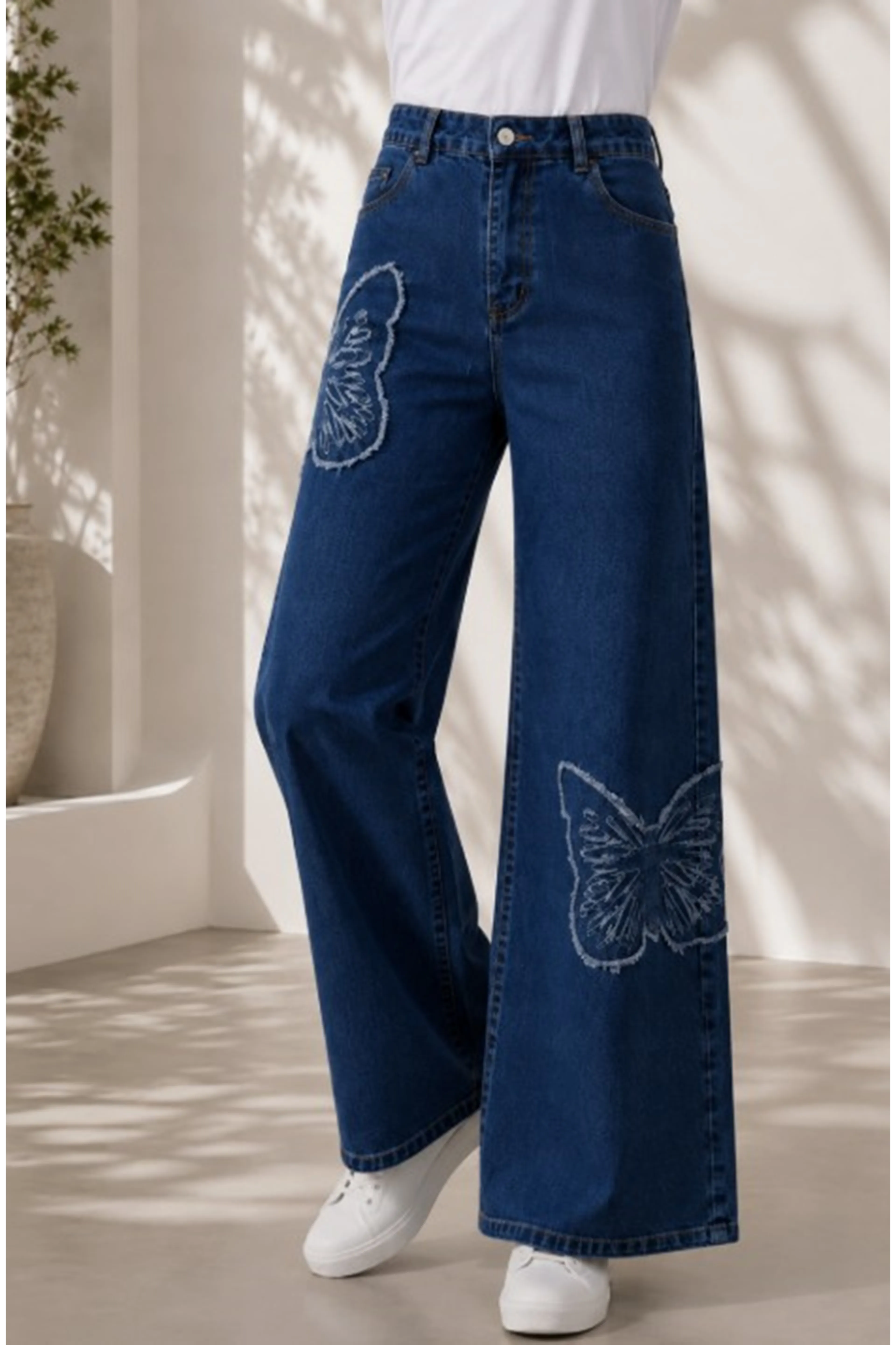 Dark Blue Butterfly Embroidered Trousers