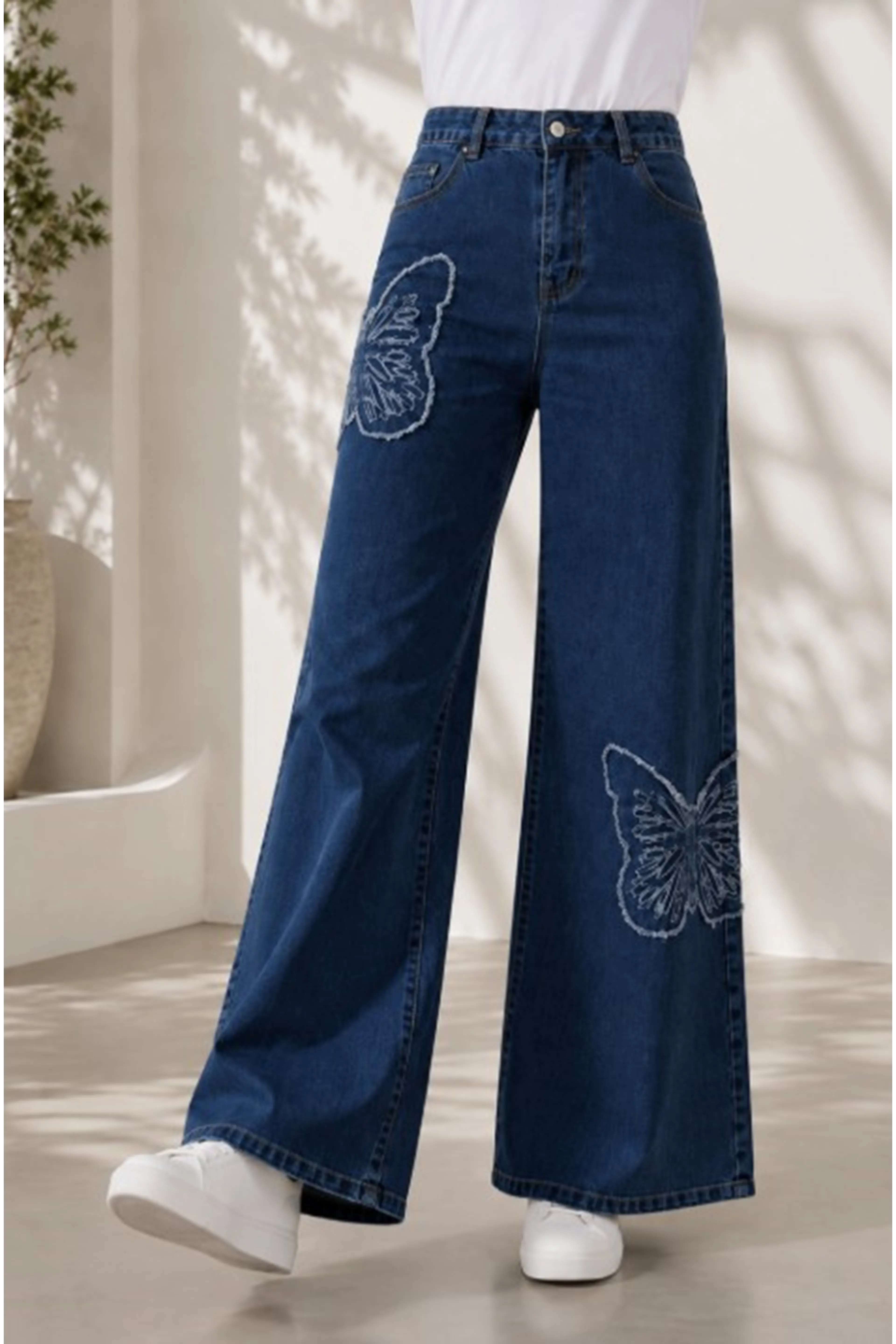 Dark Blue Butterfly Embroidered Trousers