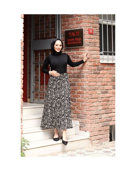 تنورة من الفيسكوز بأزرار، أسود/بيج