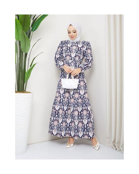 فستان مطبوع مزين بكشكشة من قماش تيريكوتون – كحلي