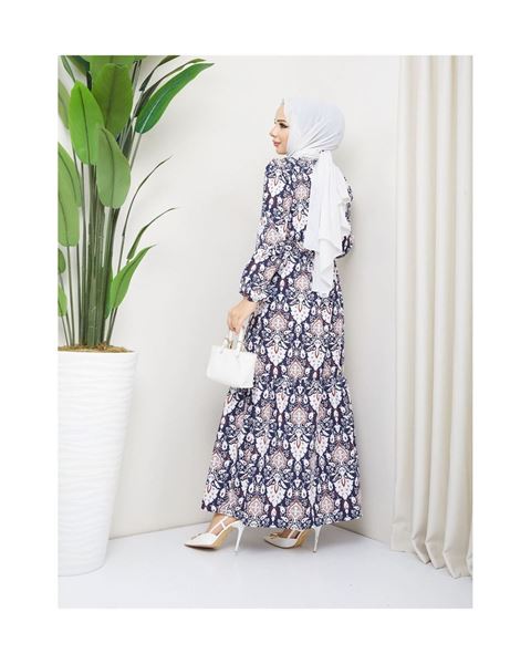 فستان مطبوع مزين بكشكشة من قماش تيريكوتون – كحلي