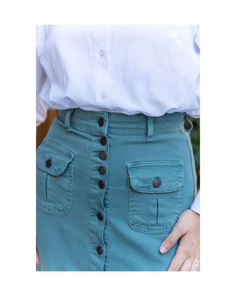 تنورة حجاب فيروزية مع أزرار وكشكشة وجيوب