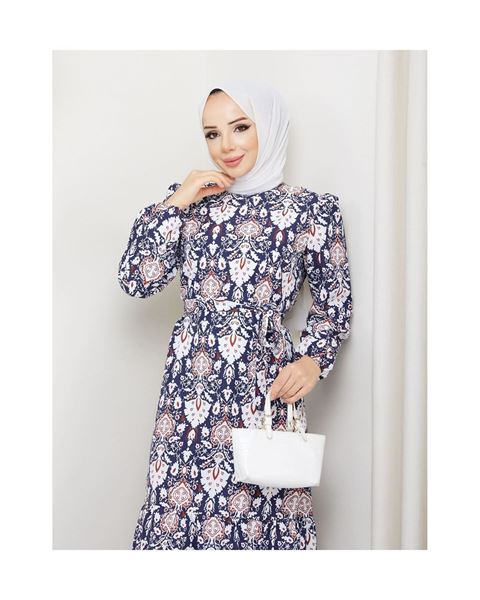 فستان مطبوع مزين بكشكشة من قماش تيريكوتون – كحلي