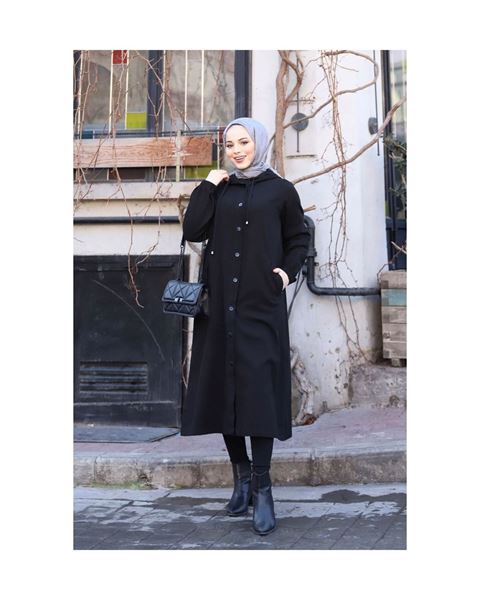 سترة بغطاء للرأس، معطف أسود