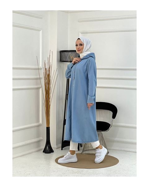 Denim Kapşonlu Kap- Denim Pardesü Mavi