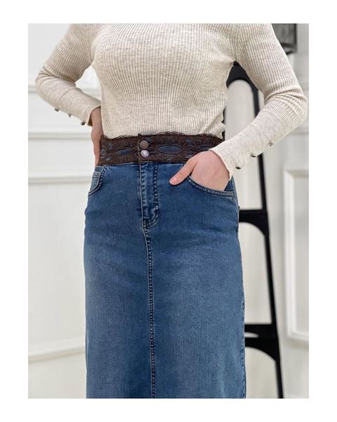 تنورة جينز بتفاصيل دانتيل وحزام - أزرق داكن