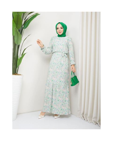 فستان بليسيه من قماش فيسكون بطبعة زهور – أخضر