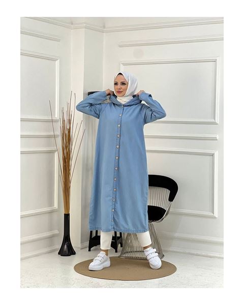 Denim Kapşonlu Kap- Denim Pardesü Mavi