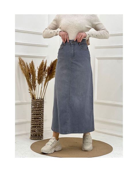 Doğal Kumaşlı Yıldız Rivetlı Kot Etek Gri