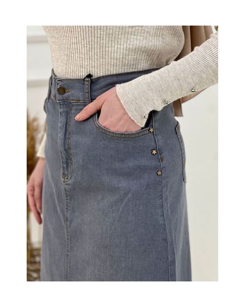 Doğal Kumaşlı Yıldız Rivetlı Kot Etek Gri