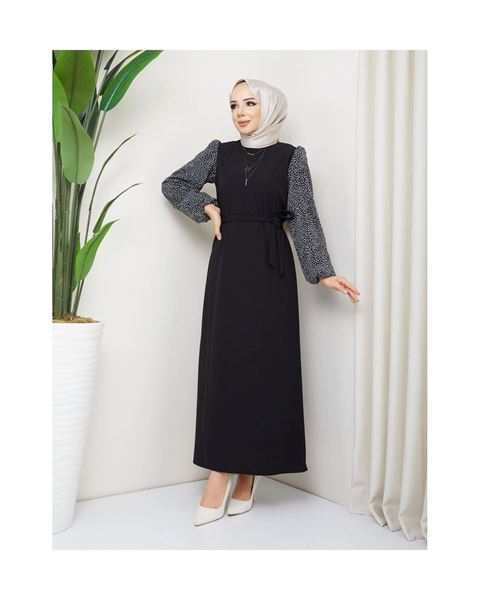 فستان توجبا بأكمام شيفون دائرية منقوش - أسود