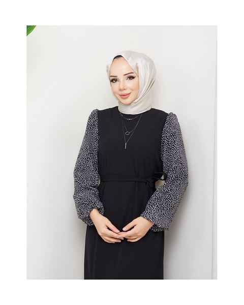 فستان توجبا بأكمام شيفون دائرية منقوش - أسود