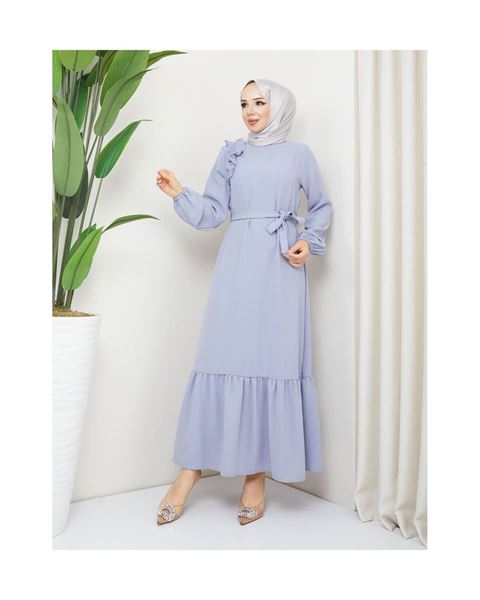 فستان رمادي بكشكشة على الكتف من قماش الكريب