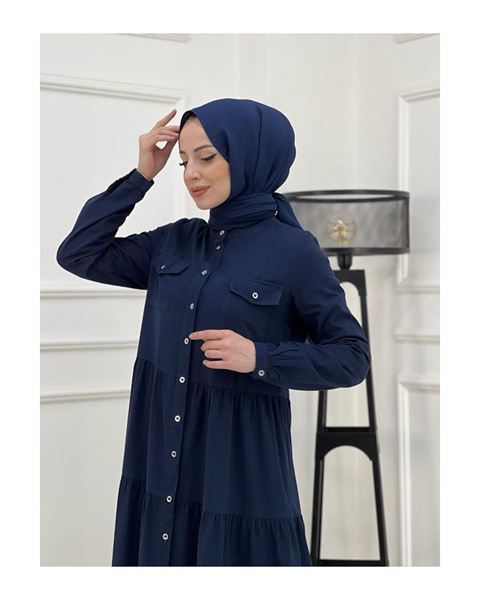 فستان جينز بأزرار من قماش طبيعي مزين بالدانتيل، أزرق داكن