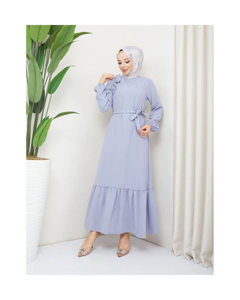 فستان رمادي بكشكشة على الكتف من قماش الكريب