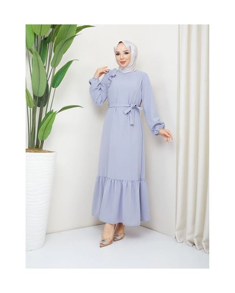 فستان رمادي بكشكشة على الكتف من قماش الكريب