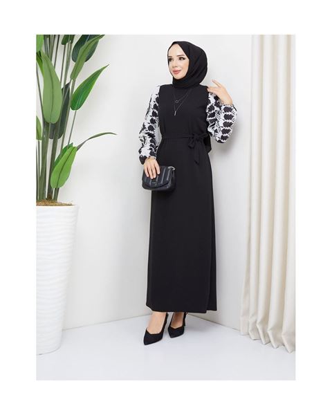 فستان توجبا بأكمام شيفون دائرية منقوش - أسود