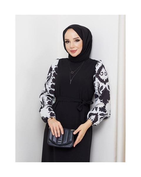 فستان توجبا بأكمام شيفون دائرية منقوش - أسود