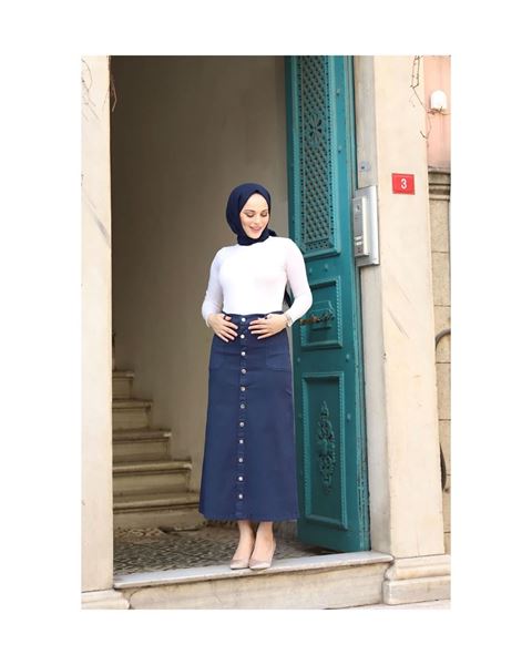 تنورة من الجبردين بأزرار، أزرق داكن